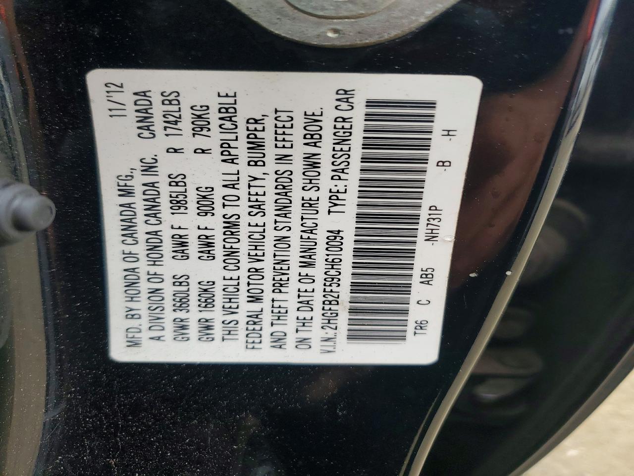 2012 Honda Civic Lx Black vin: 2HGFB2F59CH610094