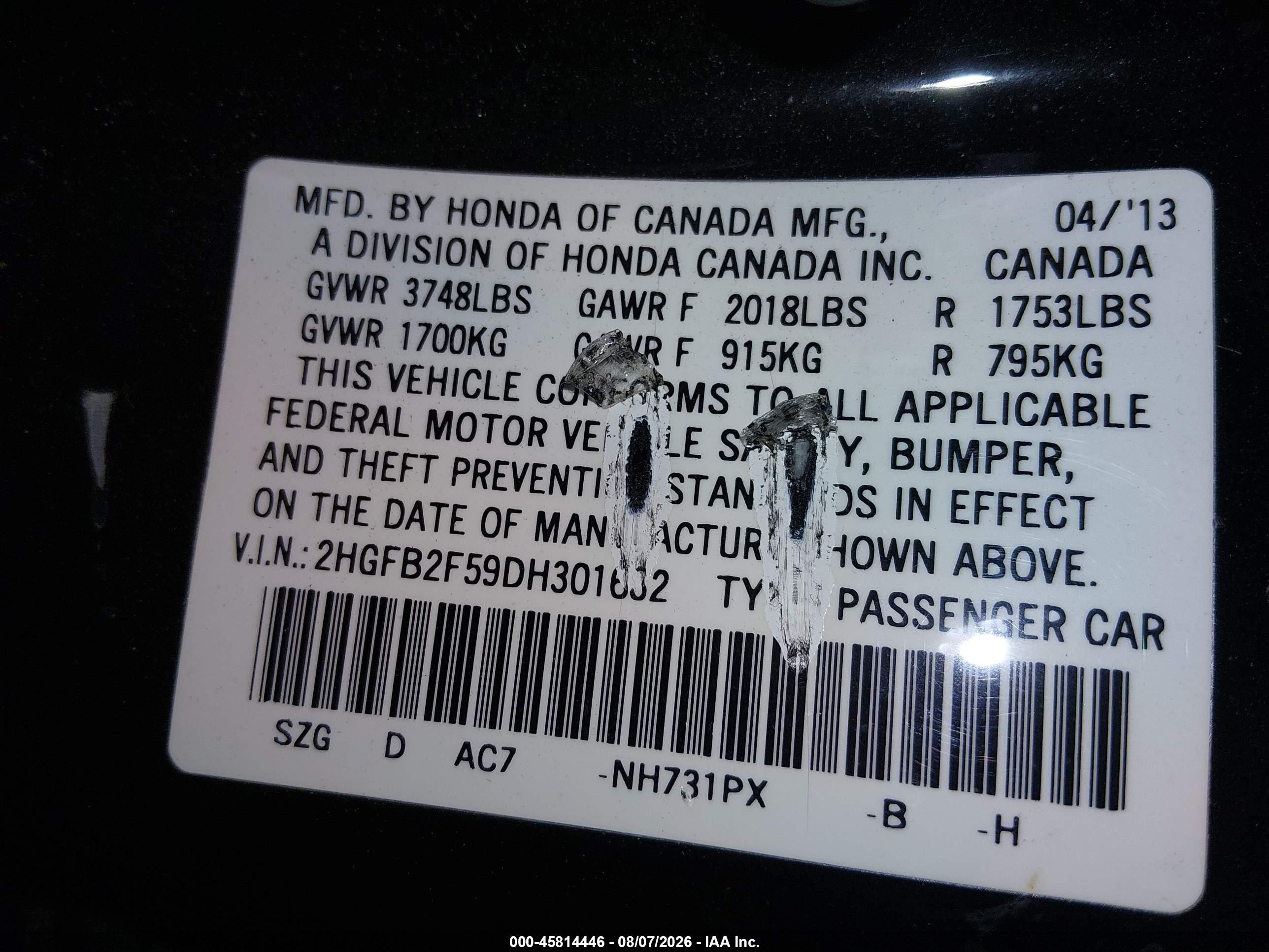 2013 Honda Civic Lx Black vin: 2HGFB2F59DH301632