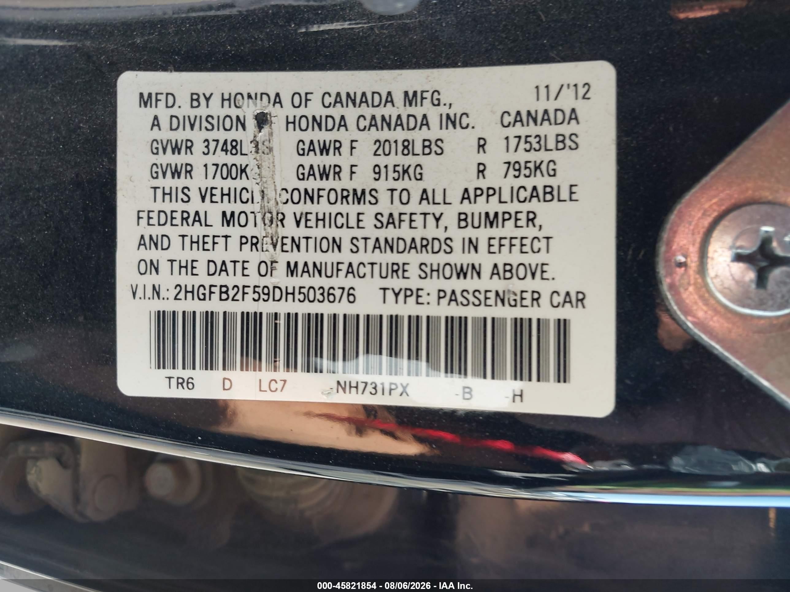 2013 Honda Civic Lx Black vin: 2HGFB2F59DH503676