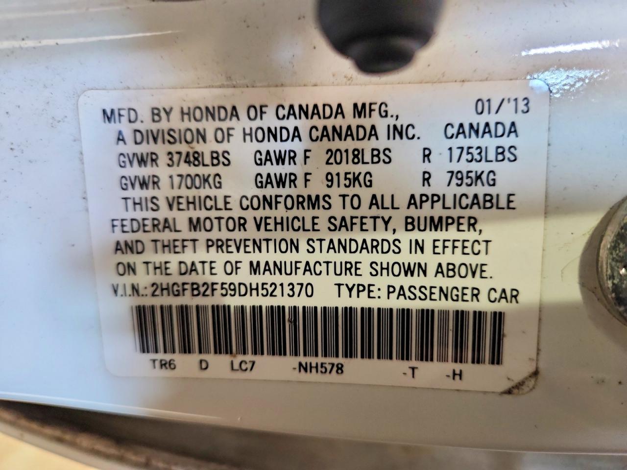 2013 Honda Civic Lx White vin: 2HGFB2F59DH521370