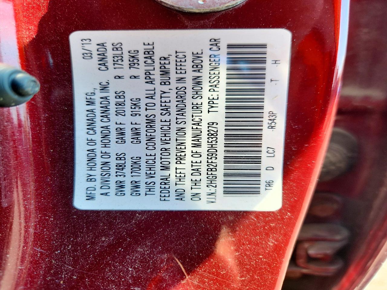 2013 Honda Civic Lx Burgundy vin: 2HGFB2F59DH538279