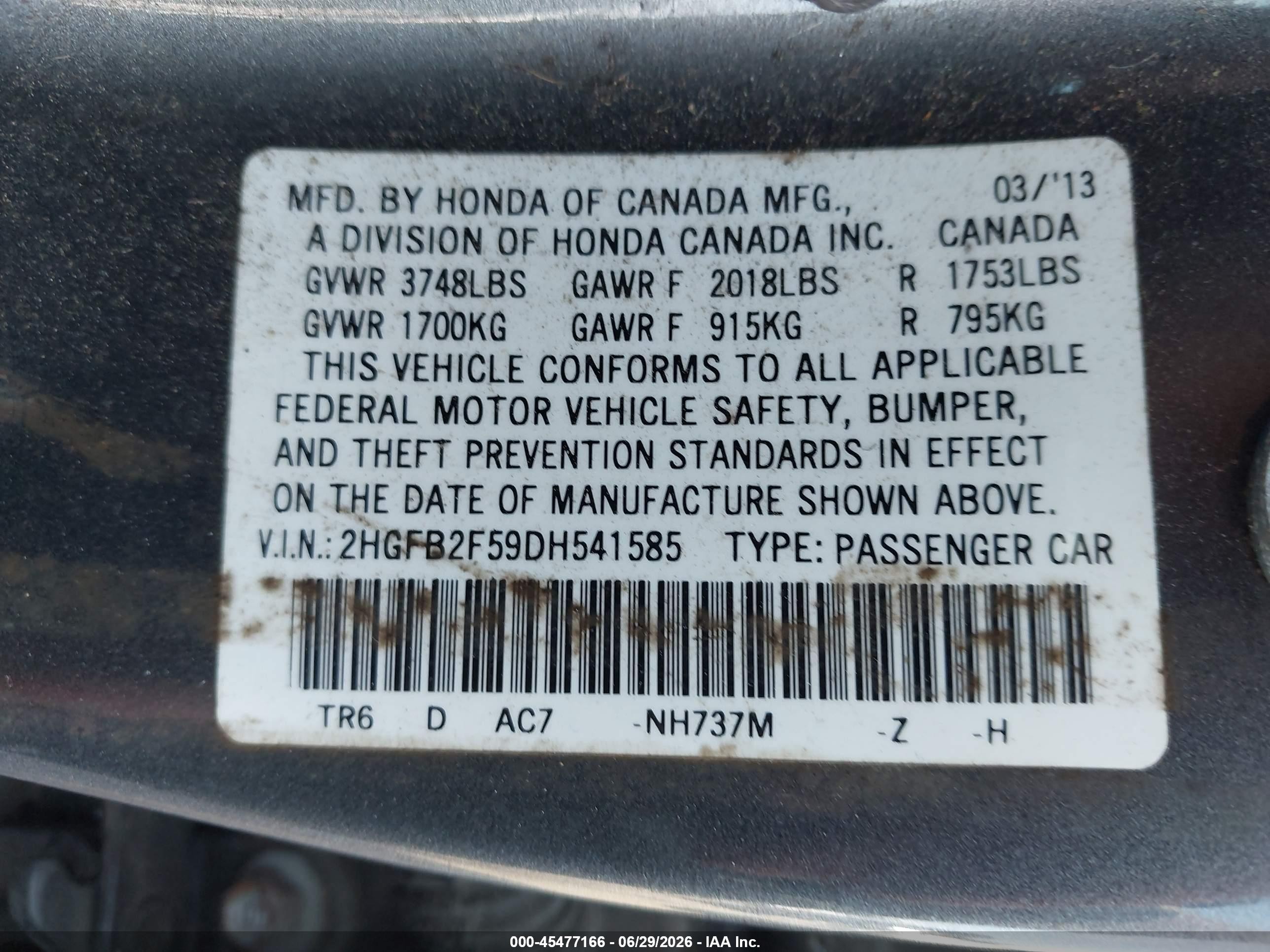 2013 Honda Civic Lx Gray vin: 2HGFB2F59DH541585