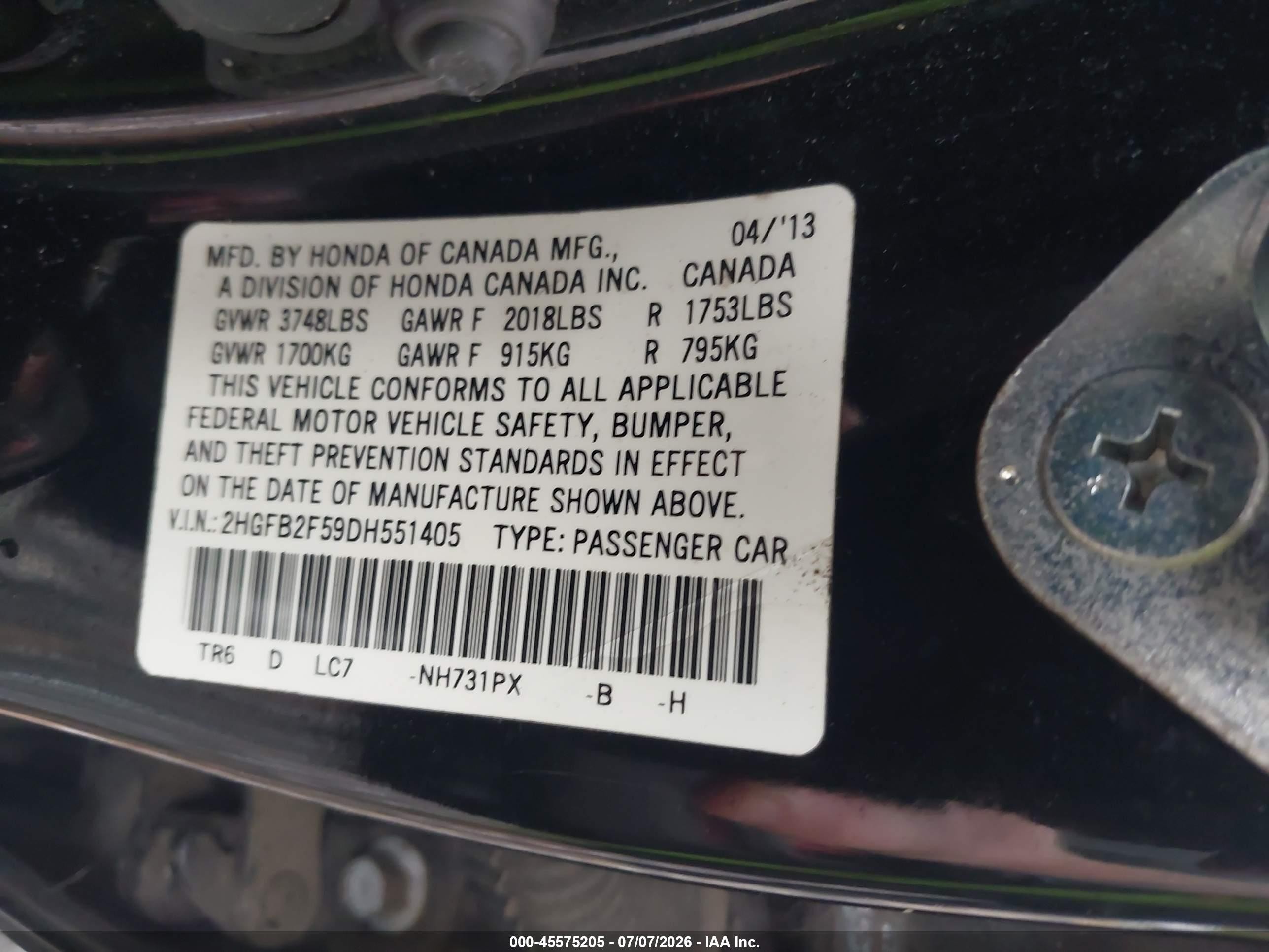 2013 Honda Civic Lx Black vin: 2HGFB2F59DH551405