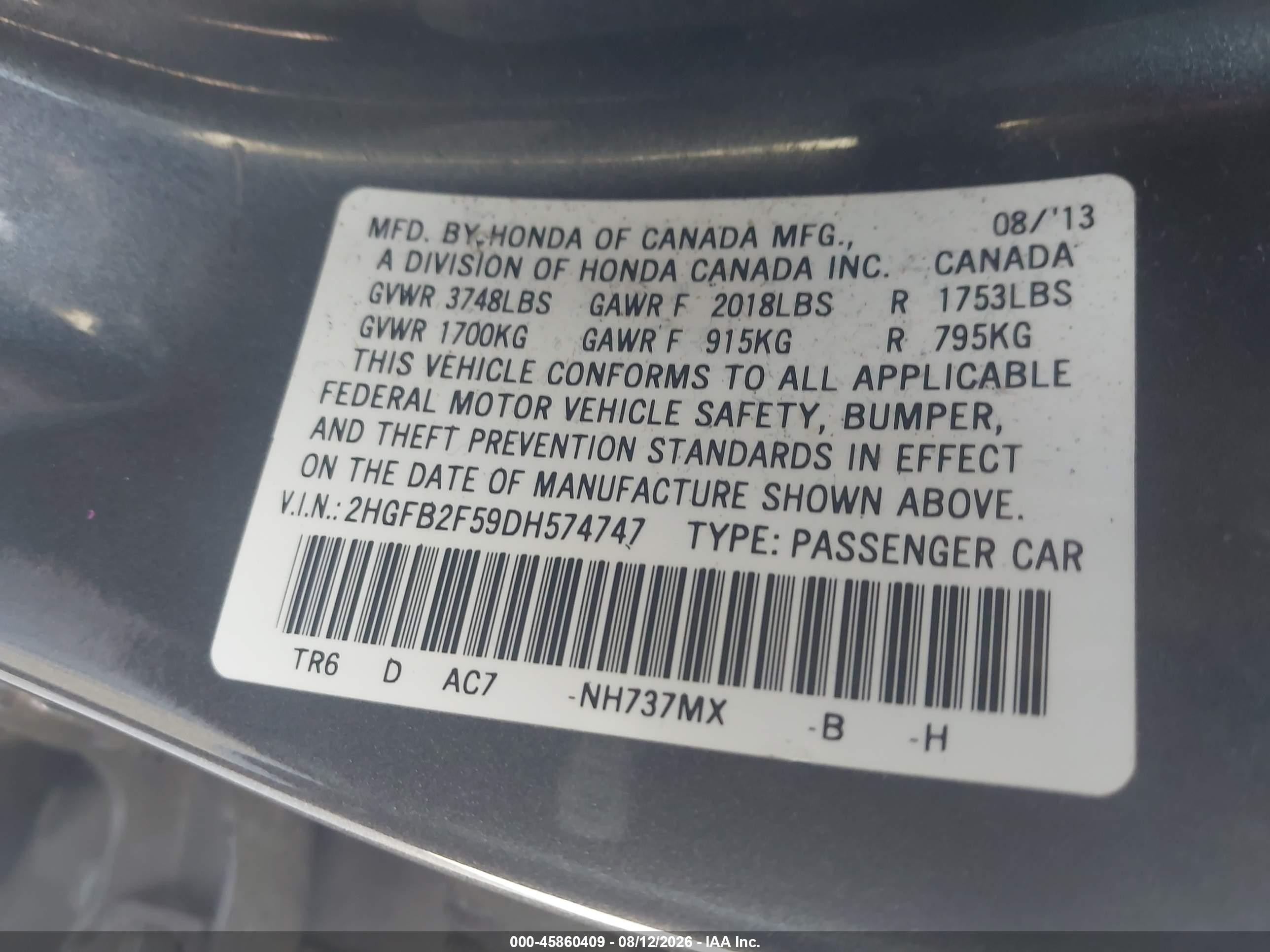 2013 Honda Civic Lx Gray vin: 2HGFB2F59DH574747