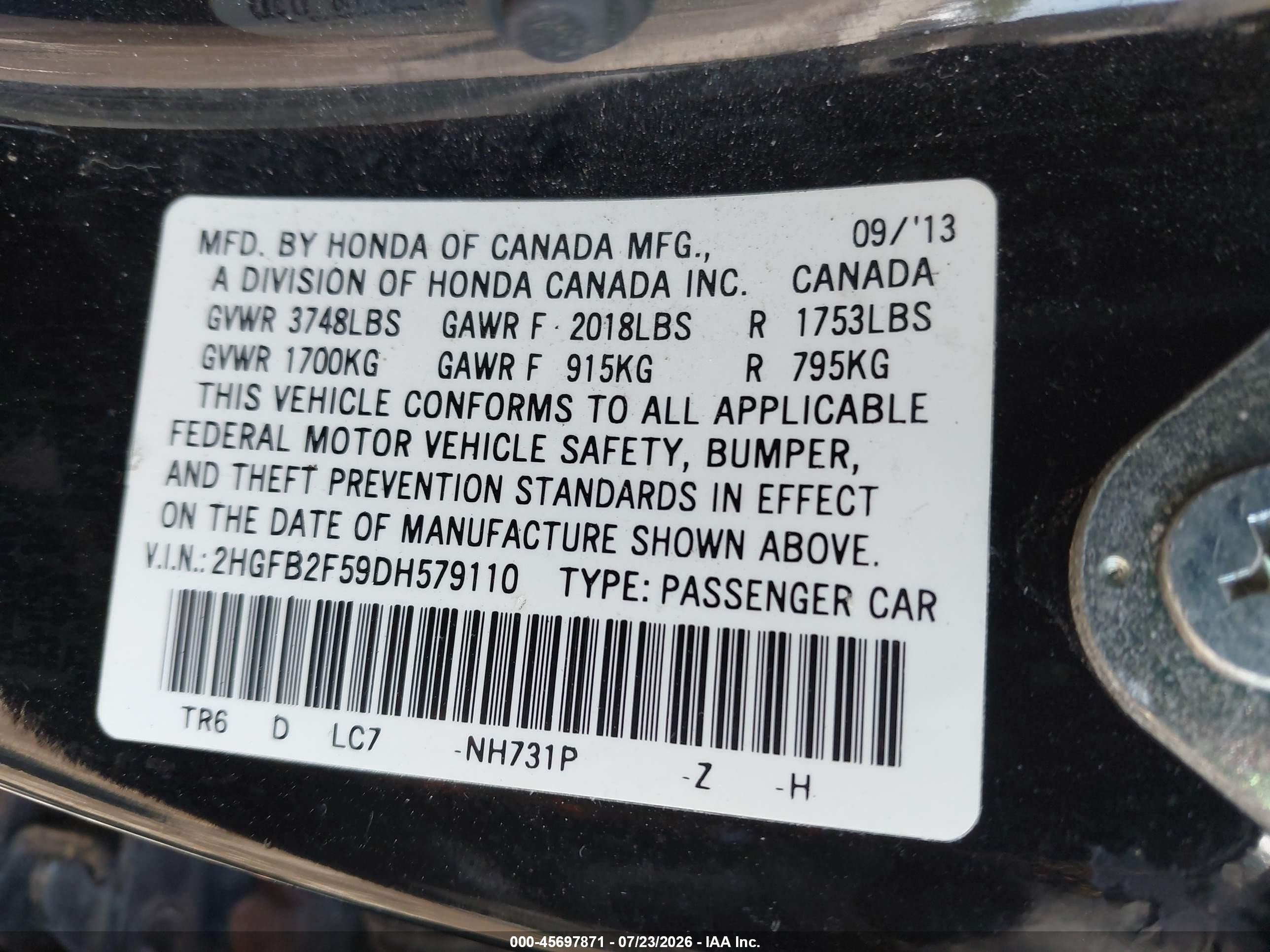 2013 Honda Civic Lx Black vin: 2HGFB2F59DH579110