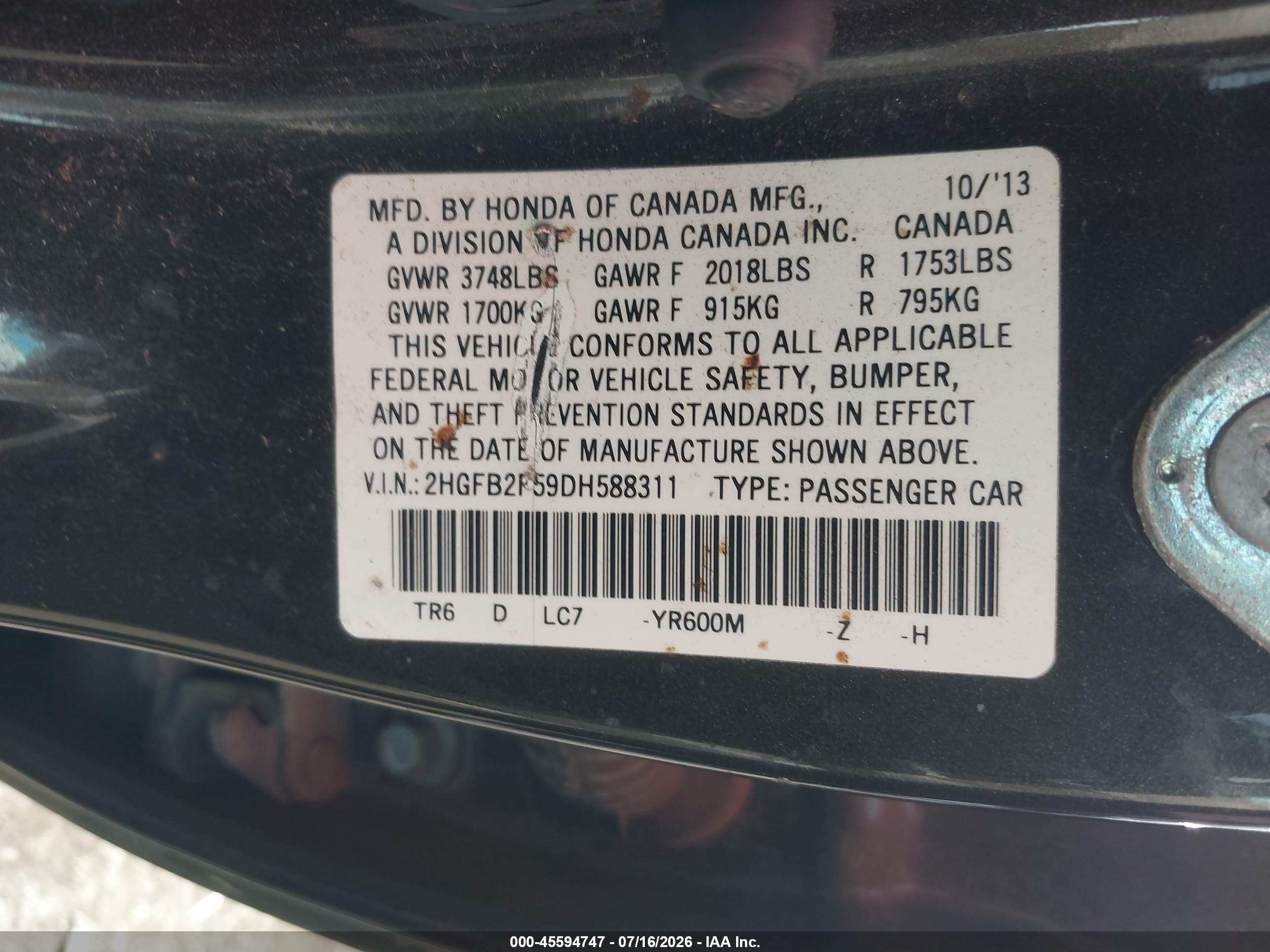 2013 Honda Civic Lx Black vin: 2HGFB2F59DH588311