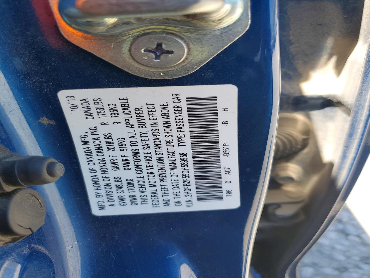2013 Honda Civic Lx Blue vin: 2HGFB2F59DH589958