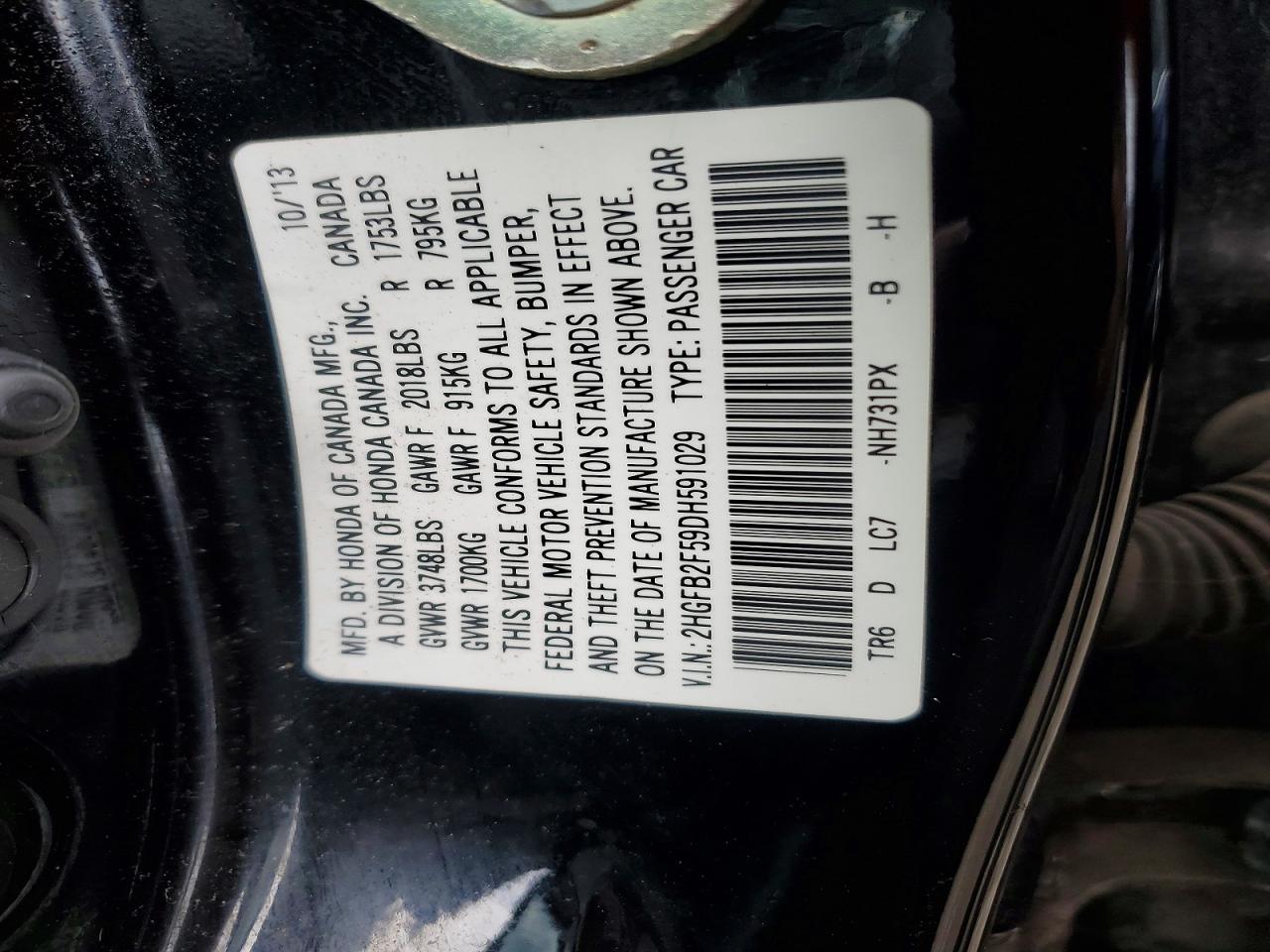 2013 Honda Civic Lx Black vin: 2HGFB2F59DH591029