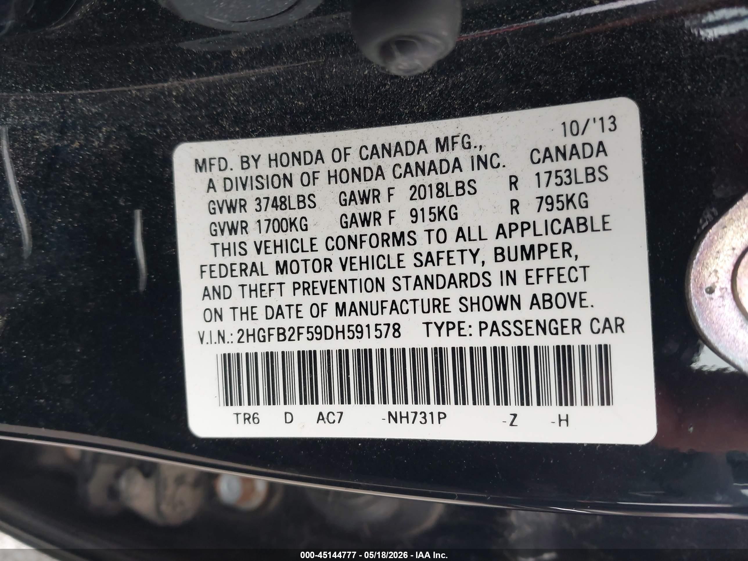 2013 Honda Civic Lx Black vin: 2HGFB2F59DH591578