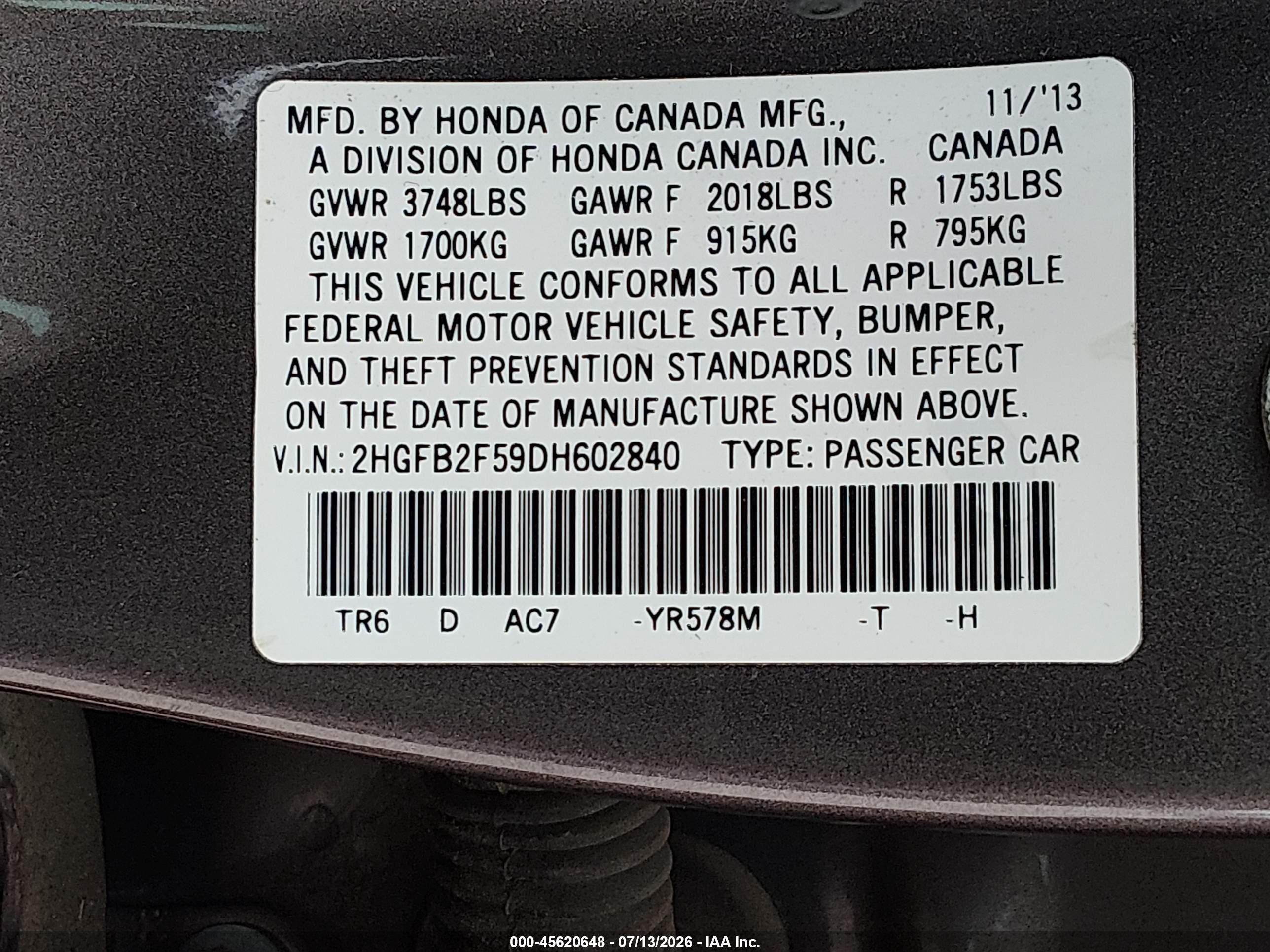 2013 Honda Civic Lx Brown vin: 2HGFB2F59DH602840