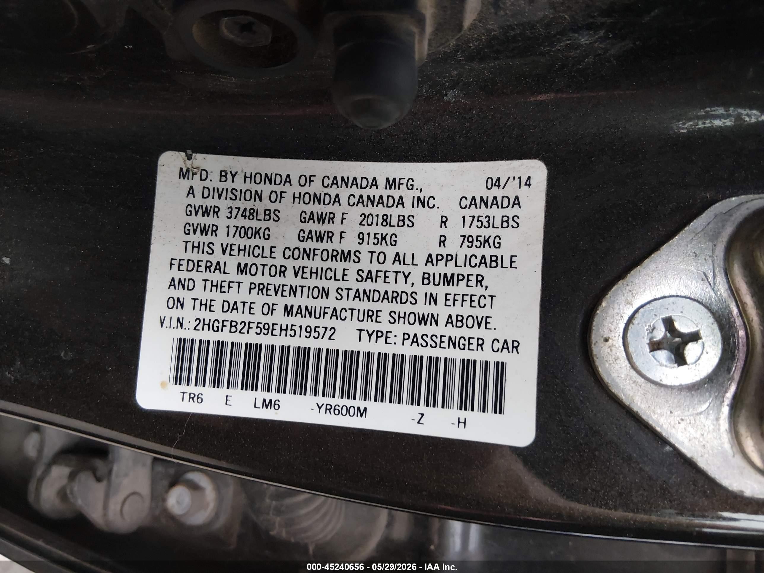 2014 Honda Civic Lx Black vin: 2HGFB2F59EH519572