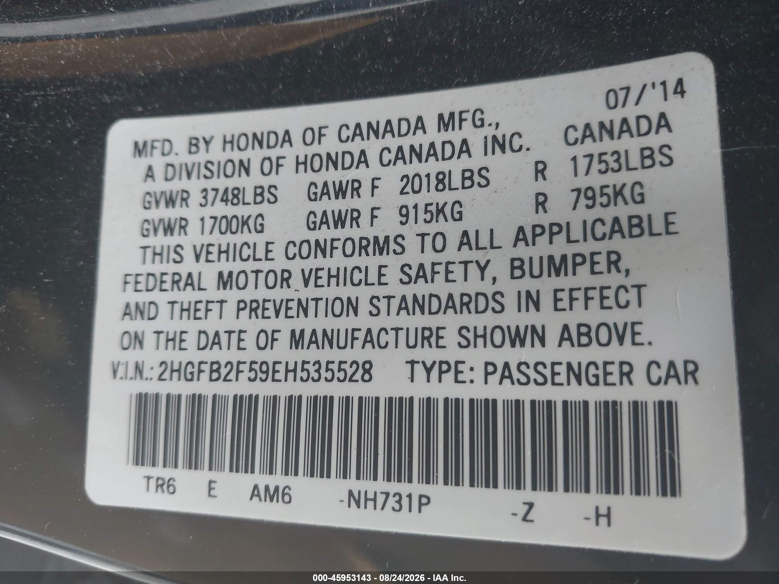2014 Honda Civic Lx Black vin: 2HGFB2F59EH535528