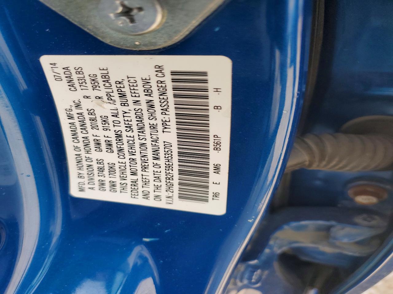 2014 Honda Civic Lx Blue vin: 2HGFB2F59EH535707