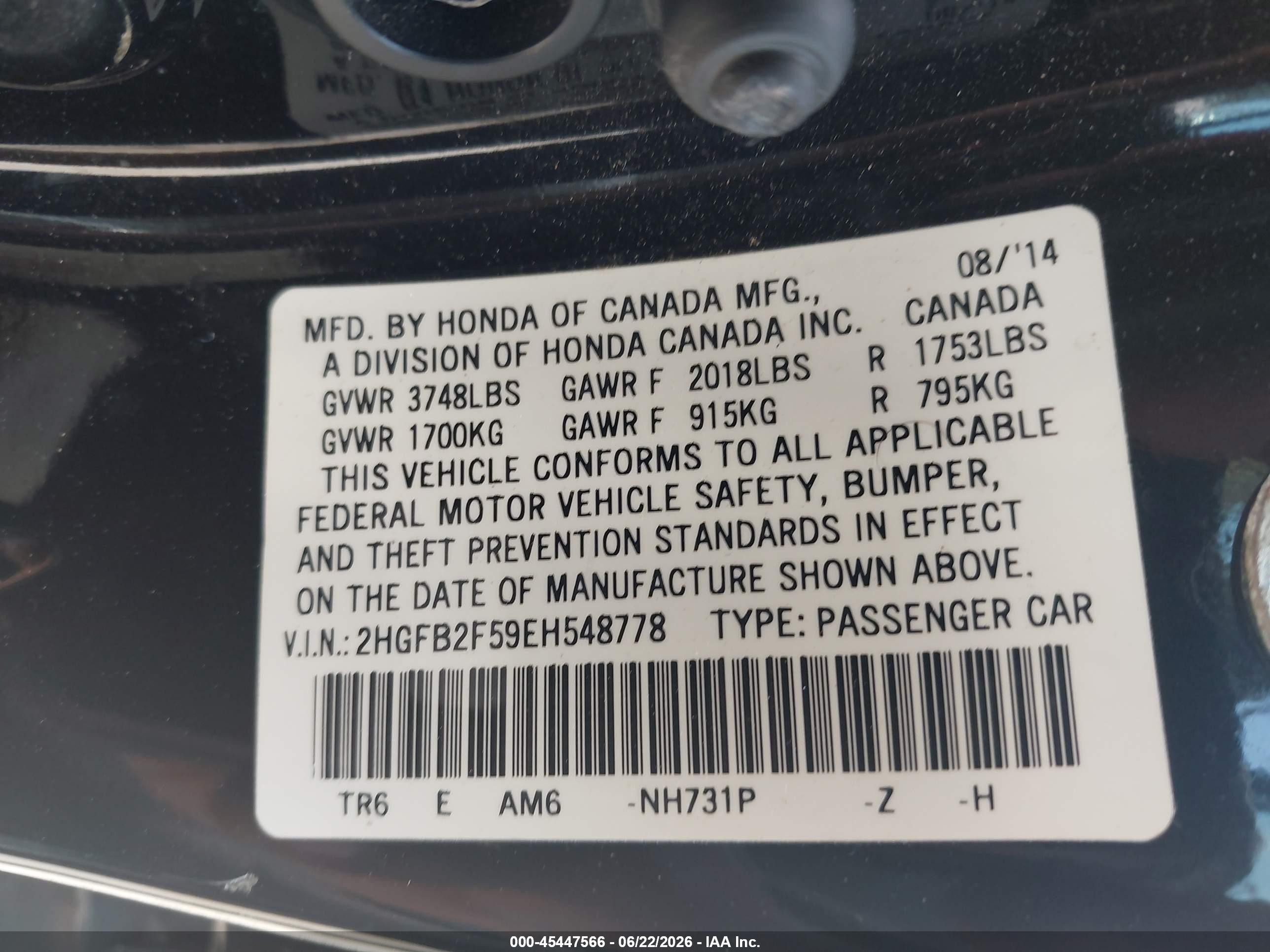 2014 Honda Civic Lx Black vin: 2HGFB2F59EH548778