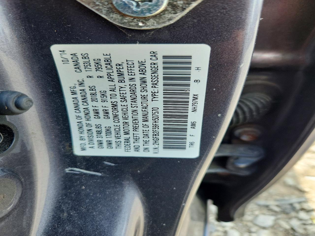 2015 Honda Civic Lx Gray vin: 2HGFB2F59FH507570