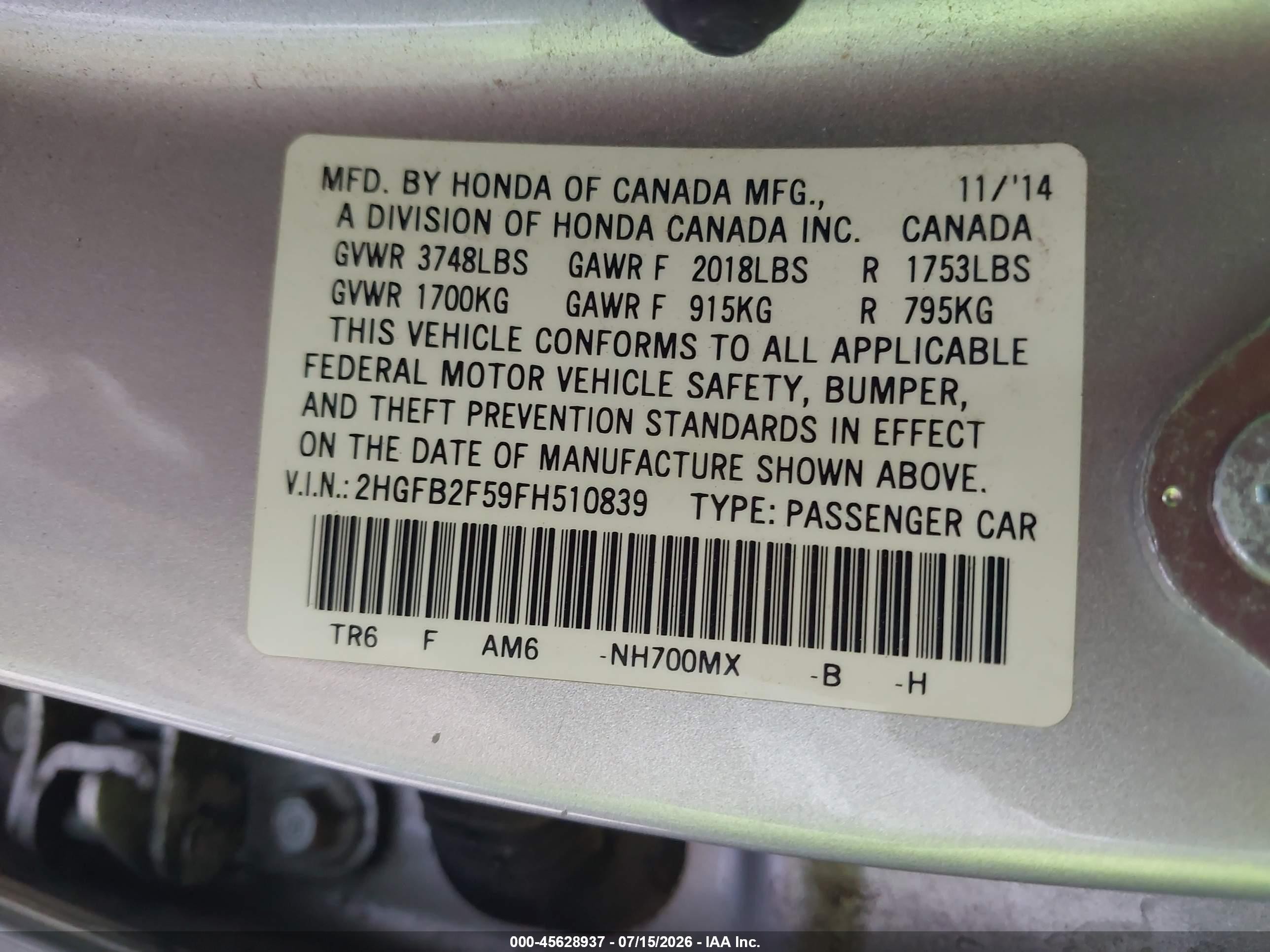 2015 Honda Civic Lx Серебряный vin: 2HGFB2F59FH510839