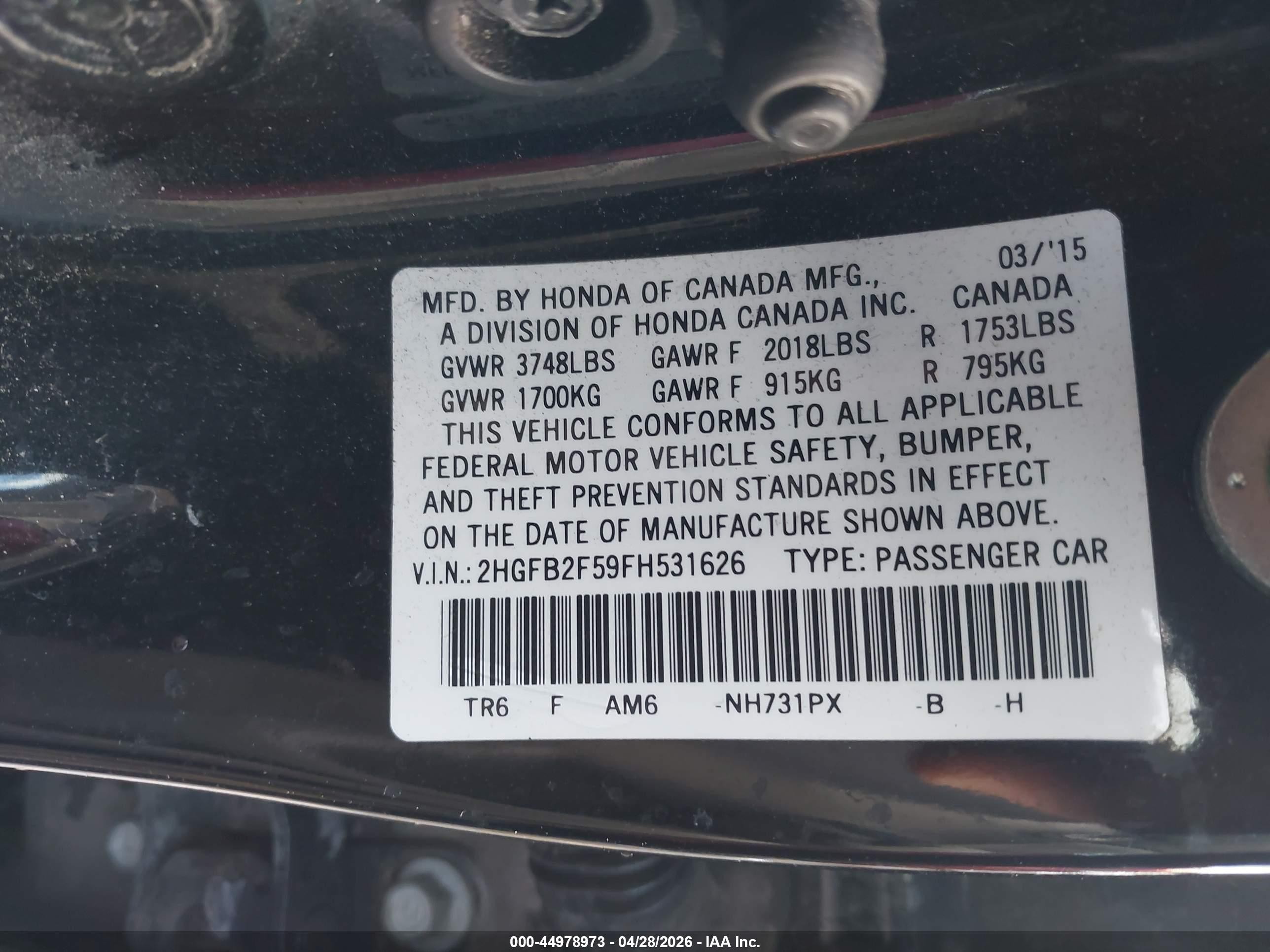 2015 Honda Civic Lx Black vin: 2HGFB2F59FH531626