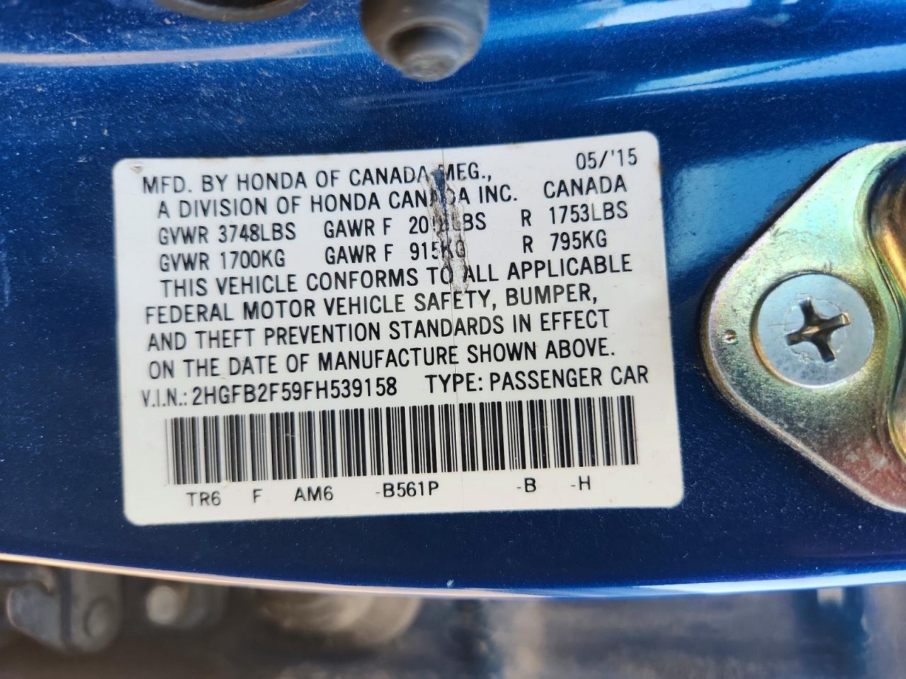 2015 Honda Civic Lx Blue vin: 2HGFB2F59FH539158