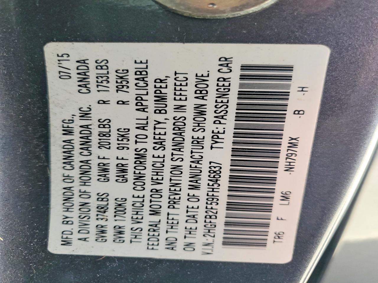 2015 Honda Civic Lx Gray vin: 2HGFB2F59FH546837
