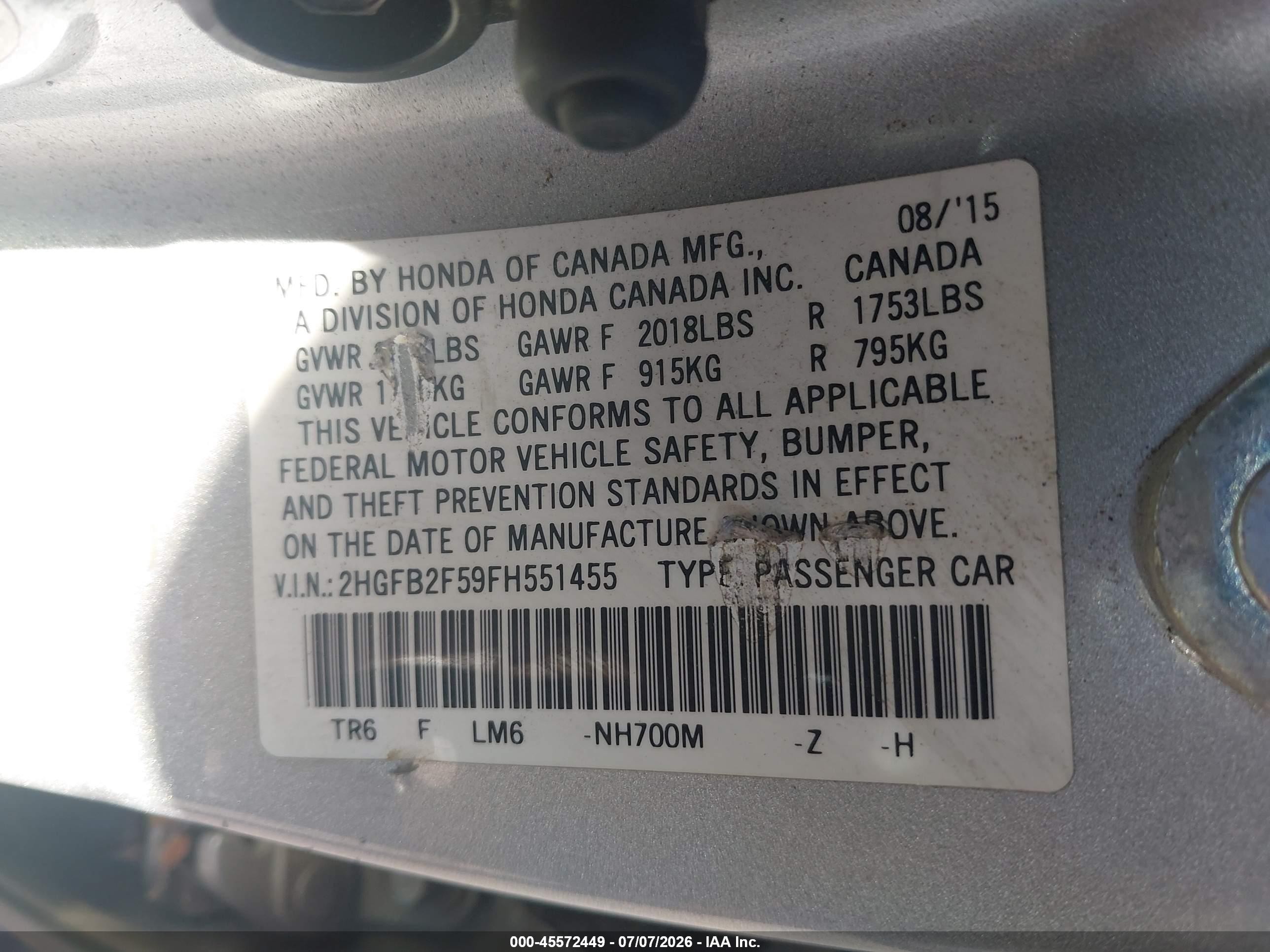 2015 Honda Civic Lx Silver vin: 2HGFB2F59FH551455