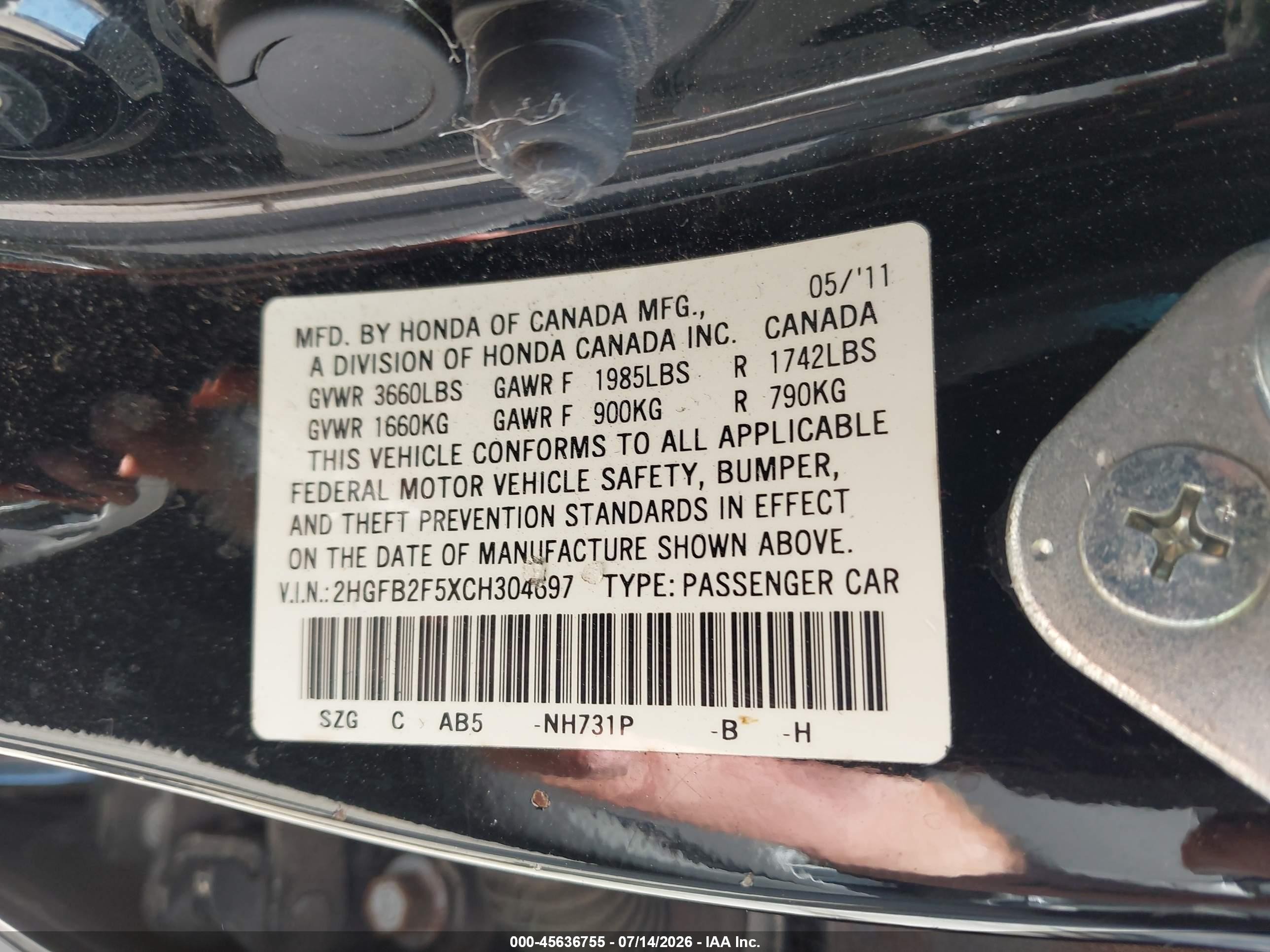 2012 Honda Civic Lx Black vin: 2HGFB2F5XCH304697