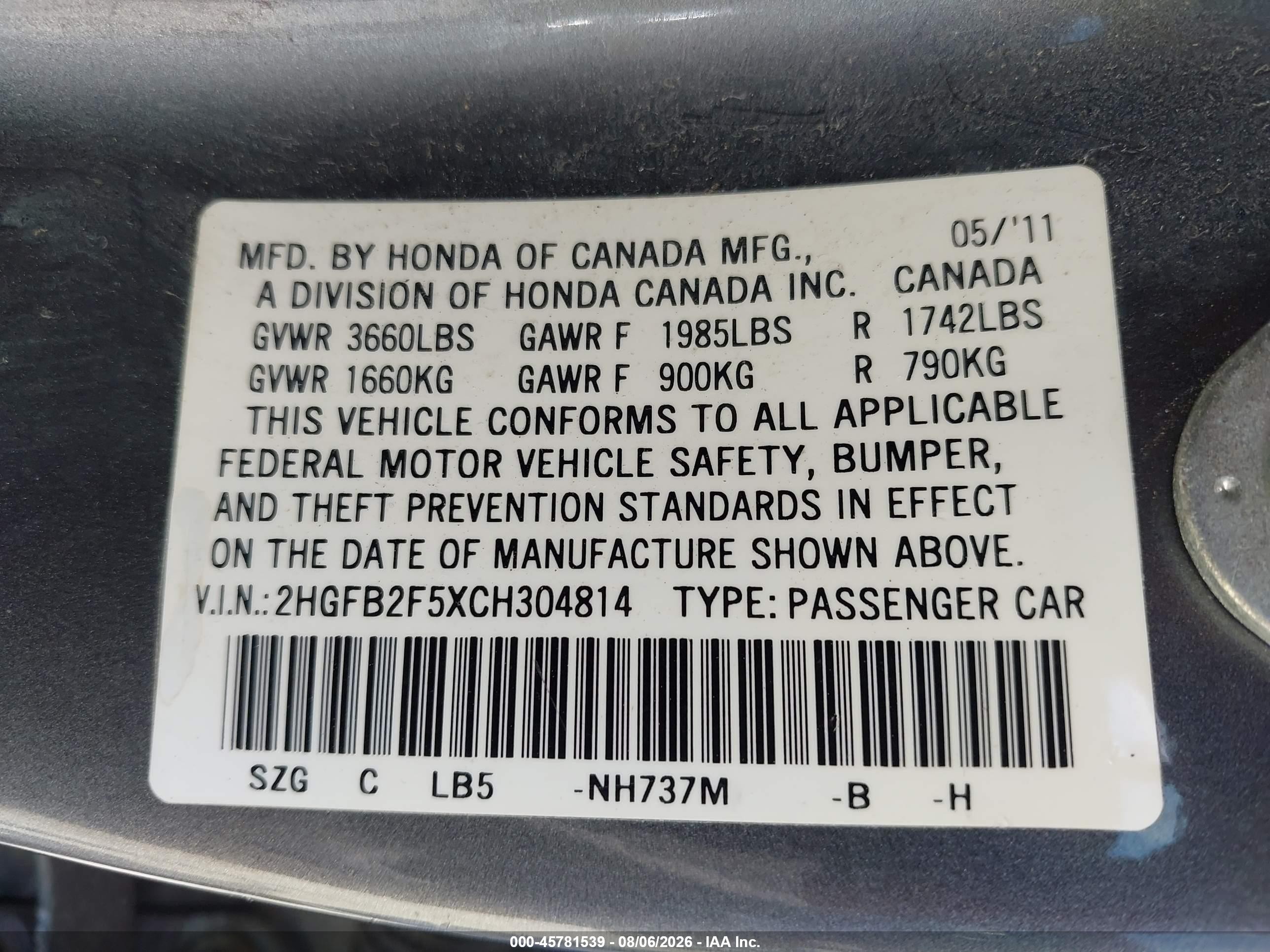2012 Honda Civic Lx Gray vin: 2HGFB2F5XCH304814