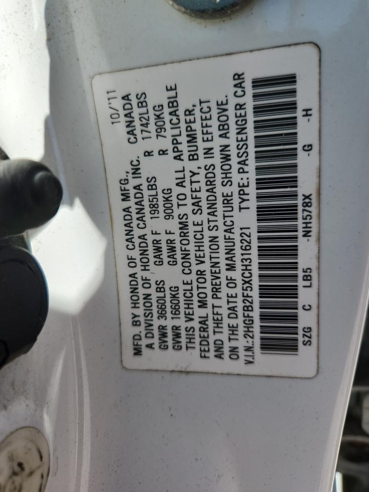 2012 Honda Civic White vin: 2HGFB2F5XCH316221