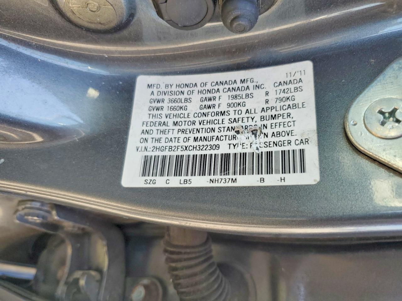 2012 Honda Civic Lx Gray vin: 2HGFB2F5XCH322309