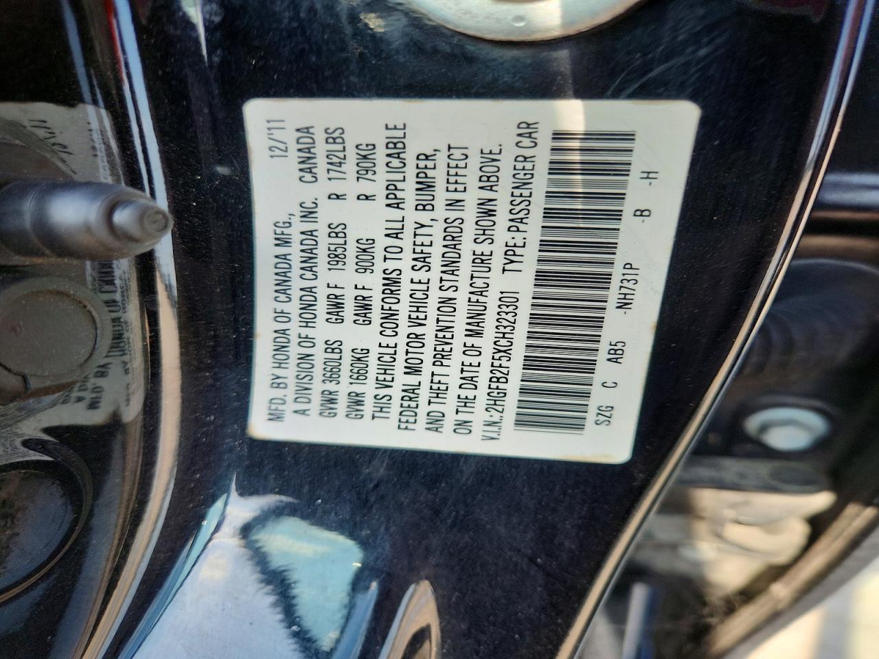 2012 Honda Civic Lx Black vin: 2HGFB2F5XCH323301