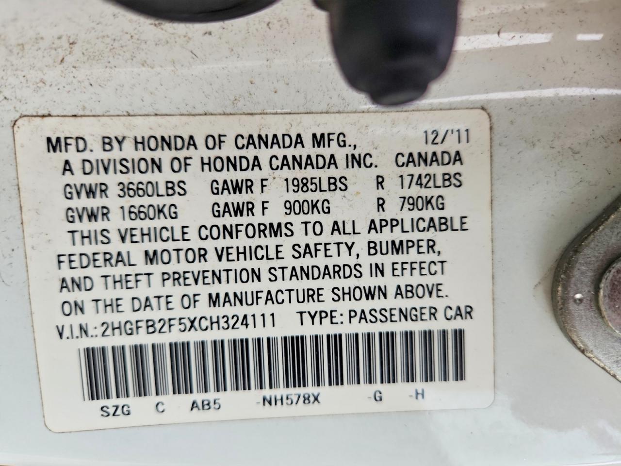 2012 Honda Civic Lx White vin: 2HGFB2F5XCH324111