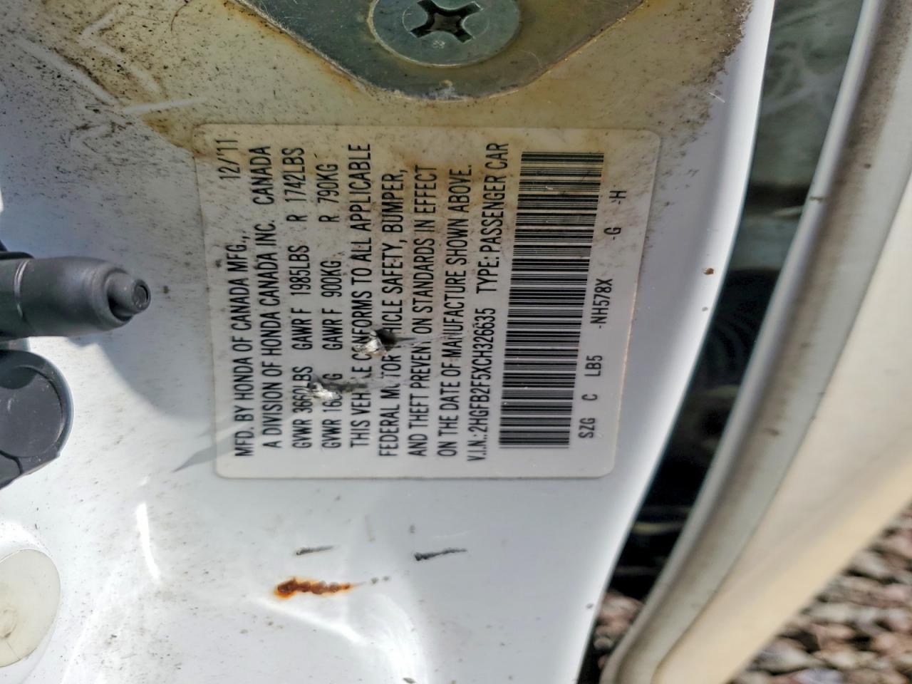 2012 Honda Civic Lx White vin: 2HGFB2F5XCH326635