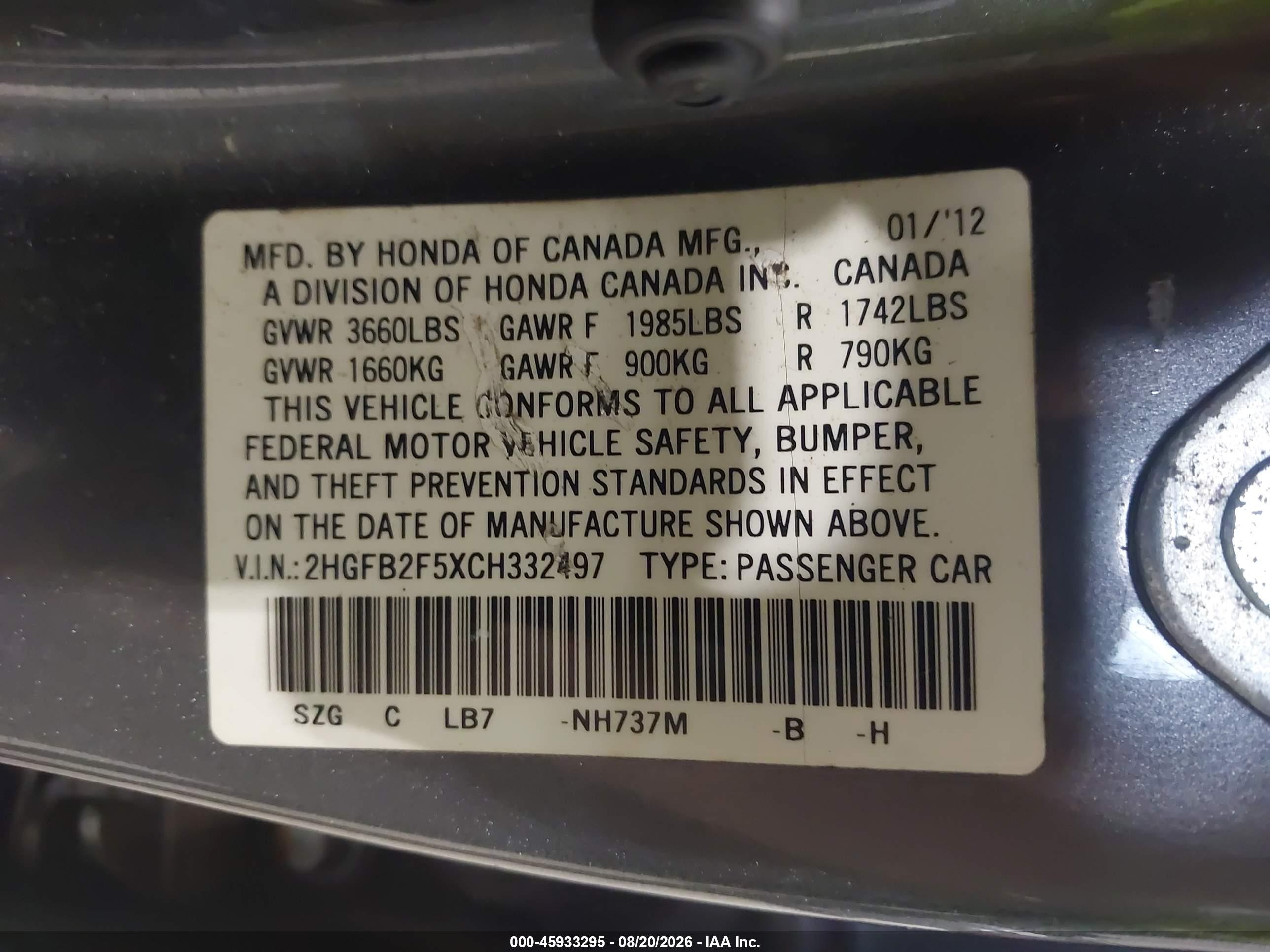 2012 Honda Civic Lx Gray vin: 2HGFB2F5XCH332497