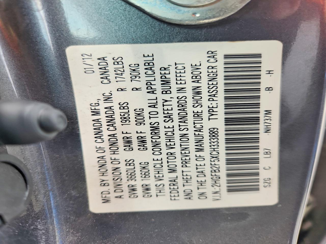 2012 Honda Civic Lx Gray vin: 2HGFB2F5XCH333889