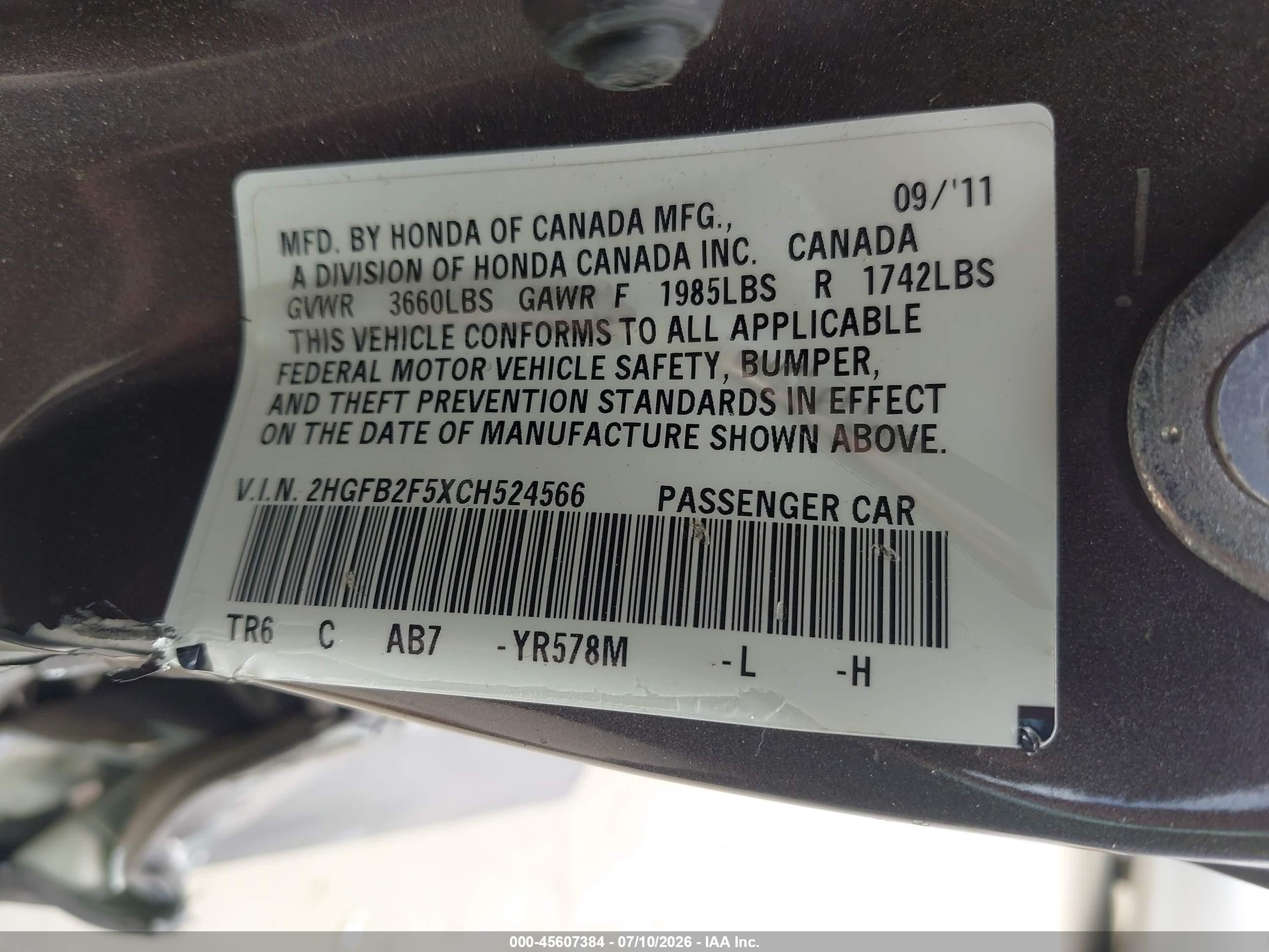 2012 Honda Civic Lx Brown vin: 2HGFB2F5XCH524566