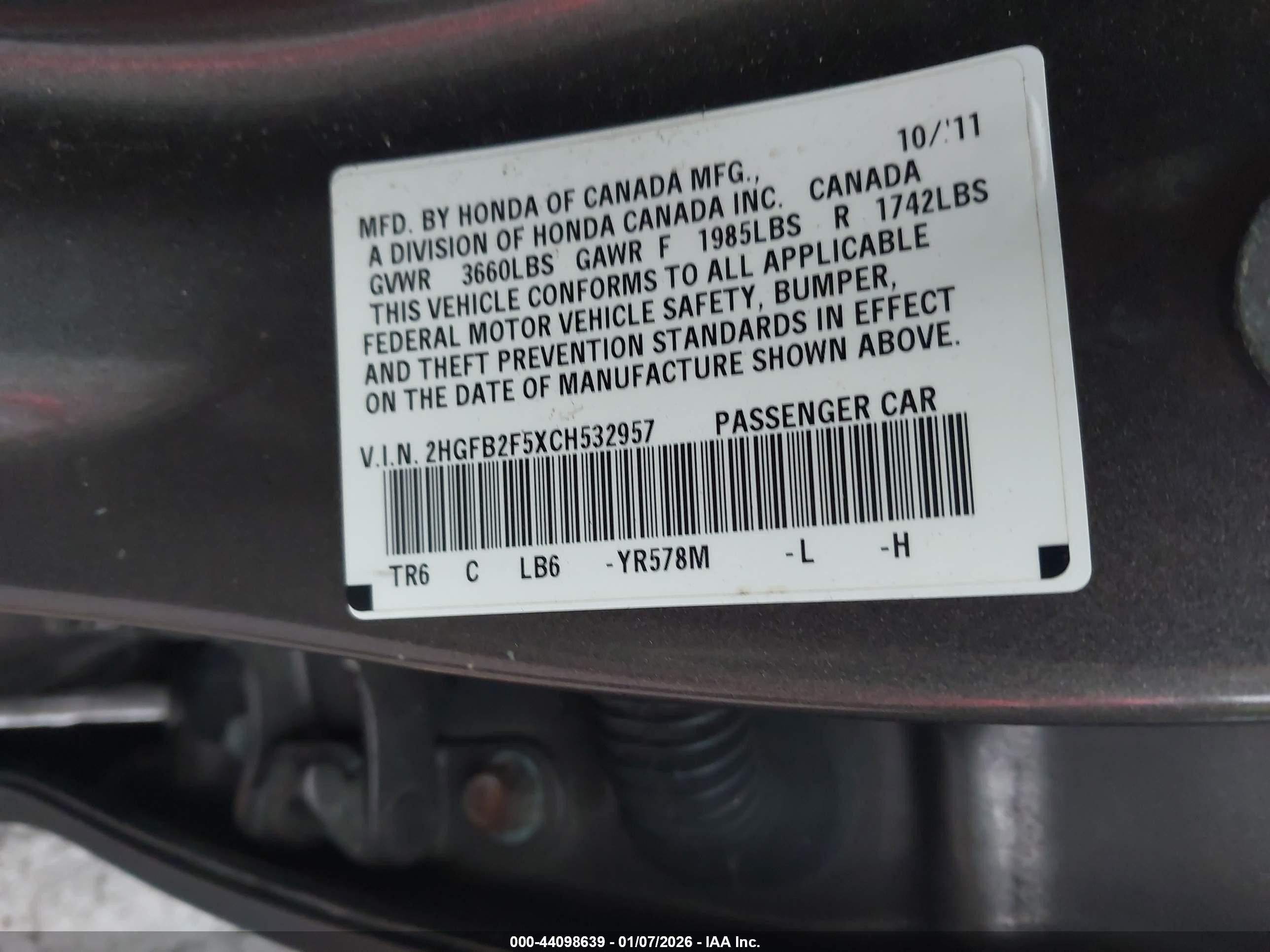 2012 Honda Civic Lx Gold vin: 2HGFB2F5XCH532957