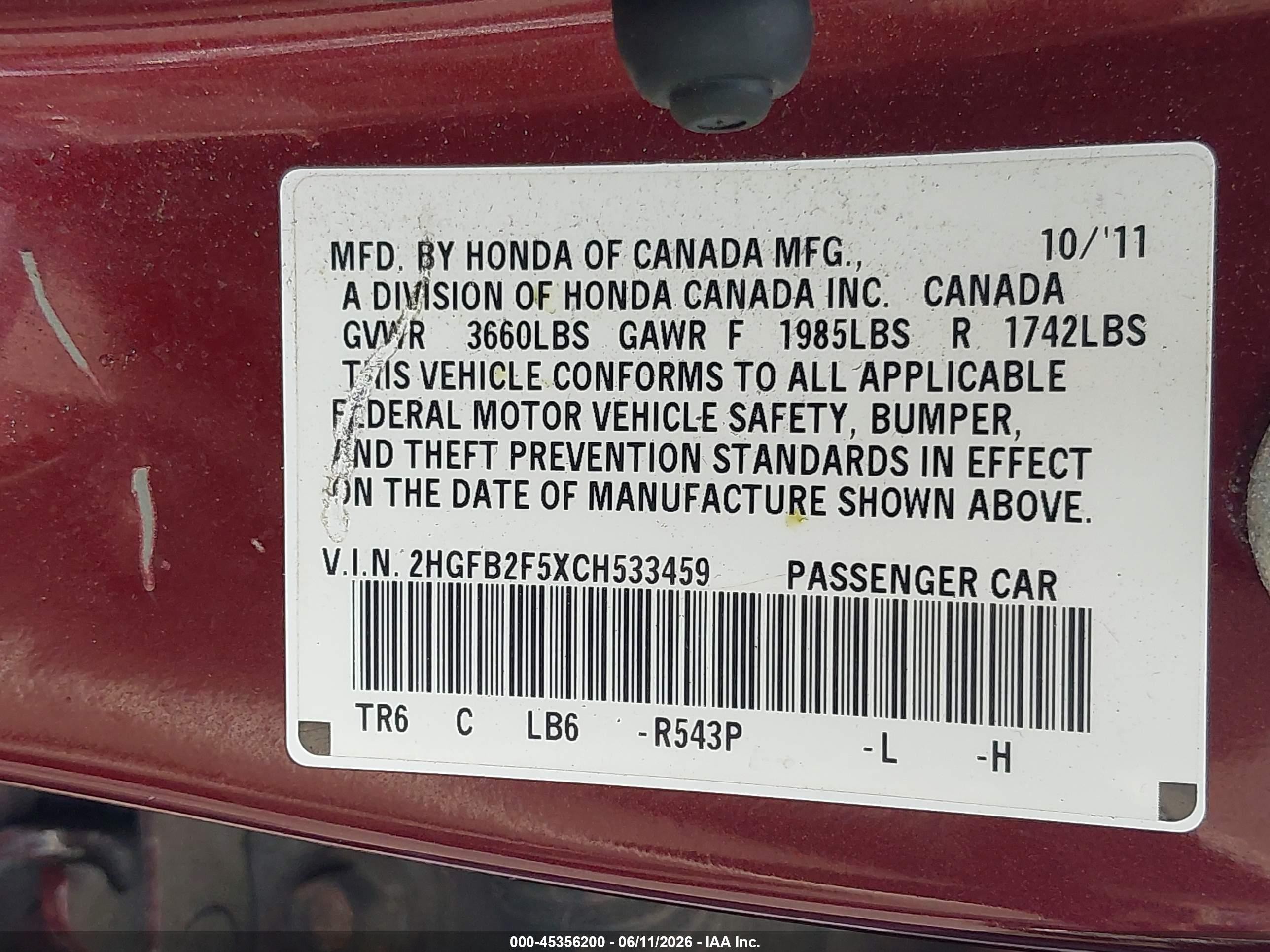 2012 Honda Civic Lx Бордовый vin: 2HGFB2F5XCH533459