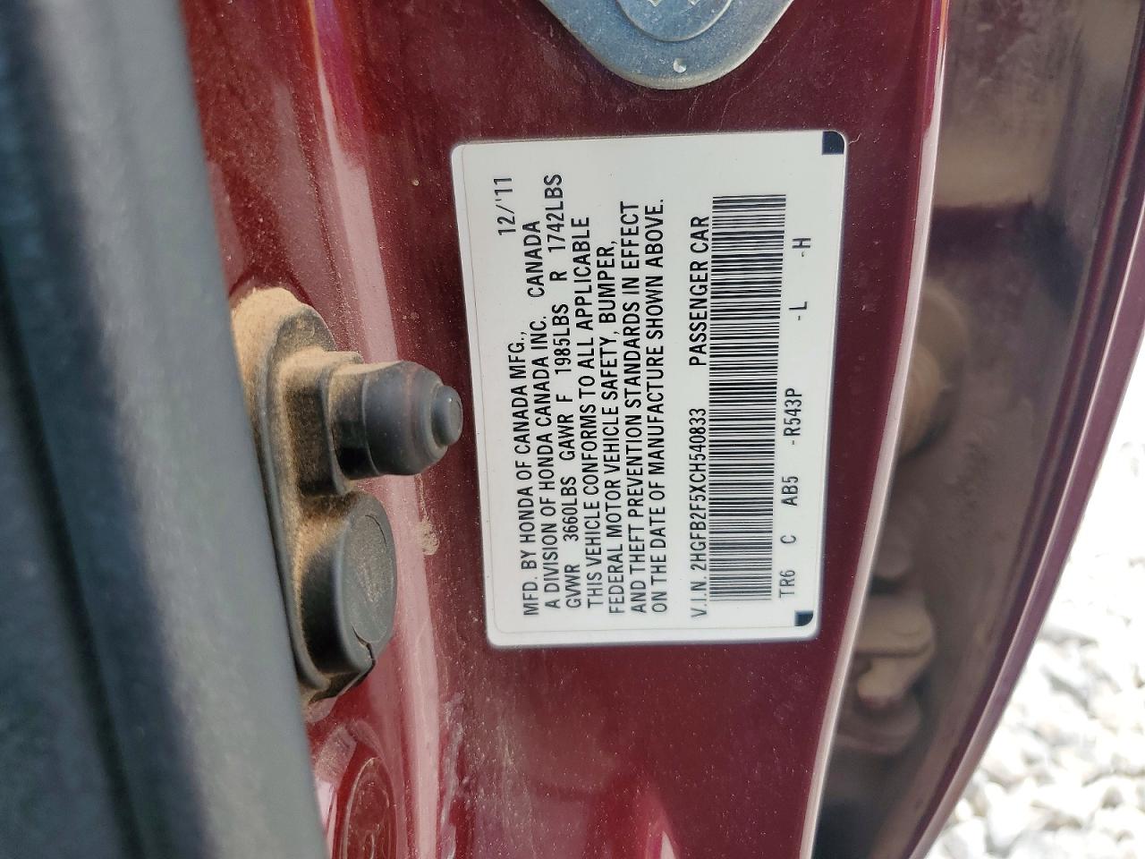 2012 Honda Civic Lx Burgundy vin: 2HGFB2F5XCH540833