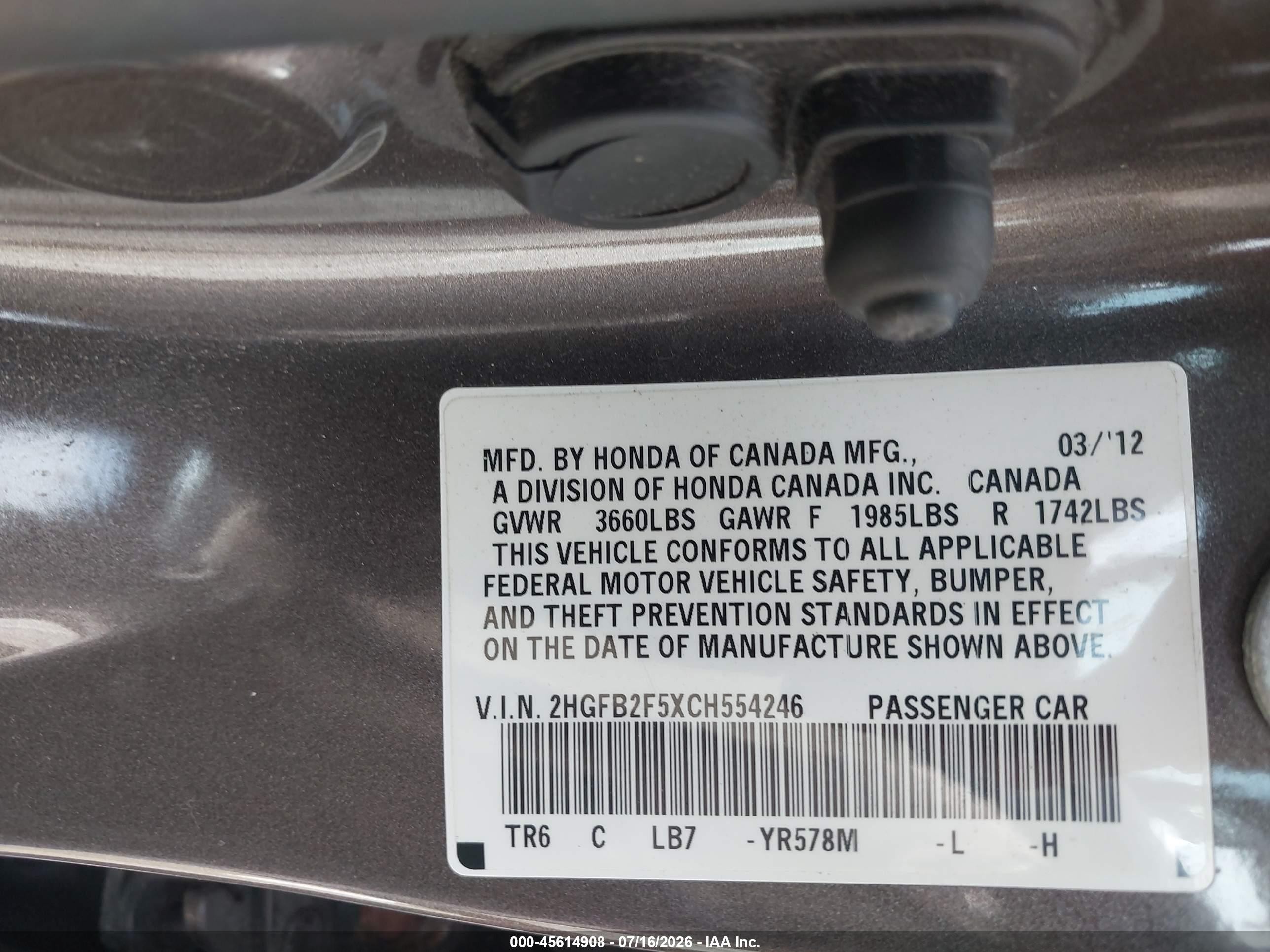 2012 Honda Civic Lx Brown vin: 2HGFB2F5XCH554246