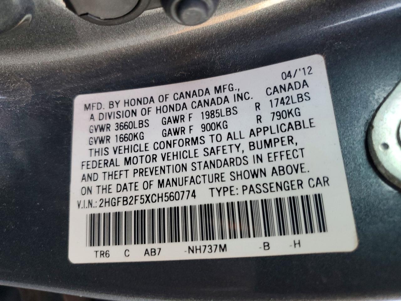 2012 Honda Civic Lx Charcoal vin: 2HGFB2F5XCH560774