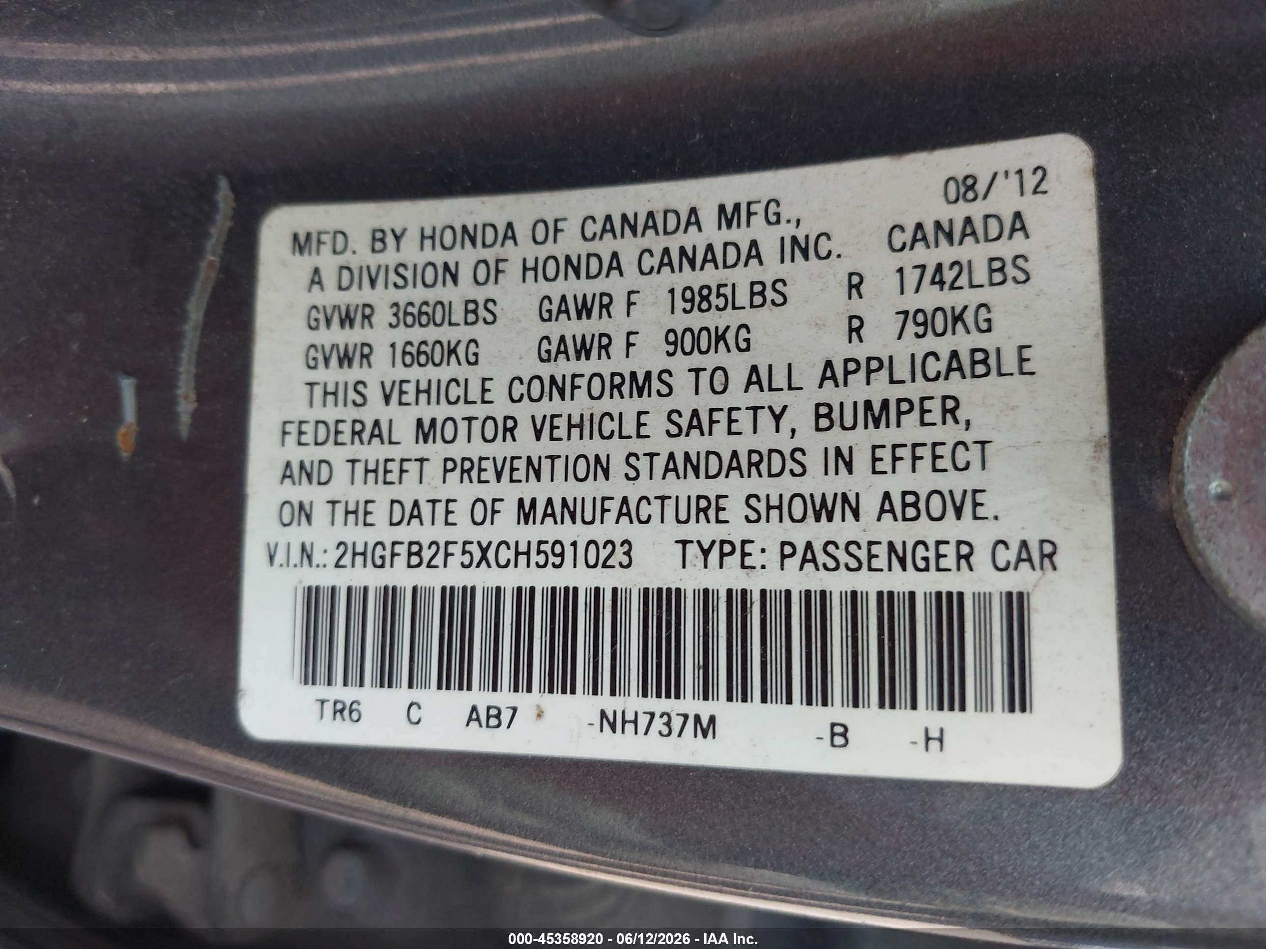 2012 Honda Civic Lx Black vin: 2HGFB2F5XCH591023