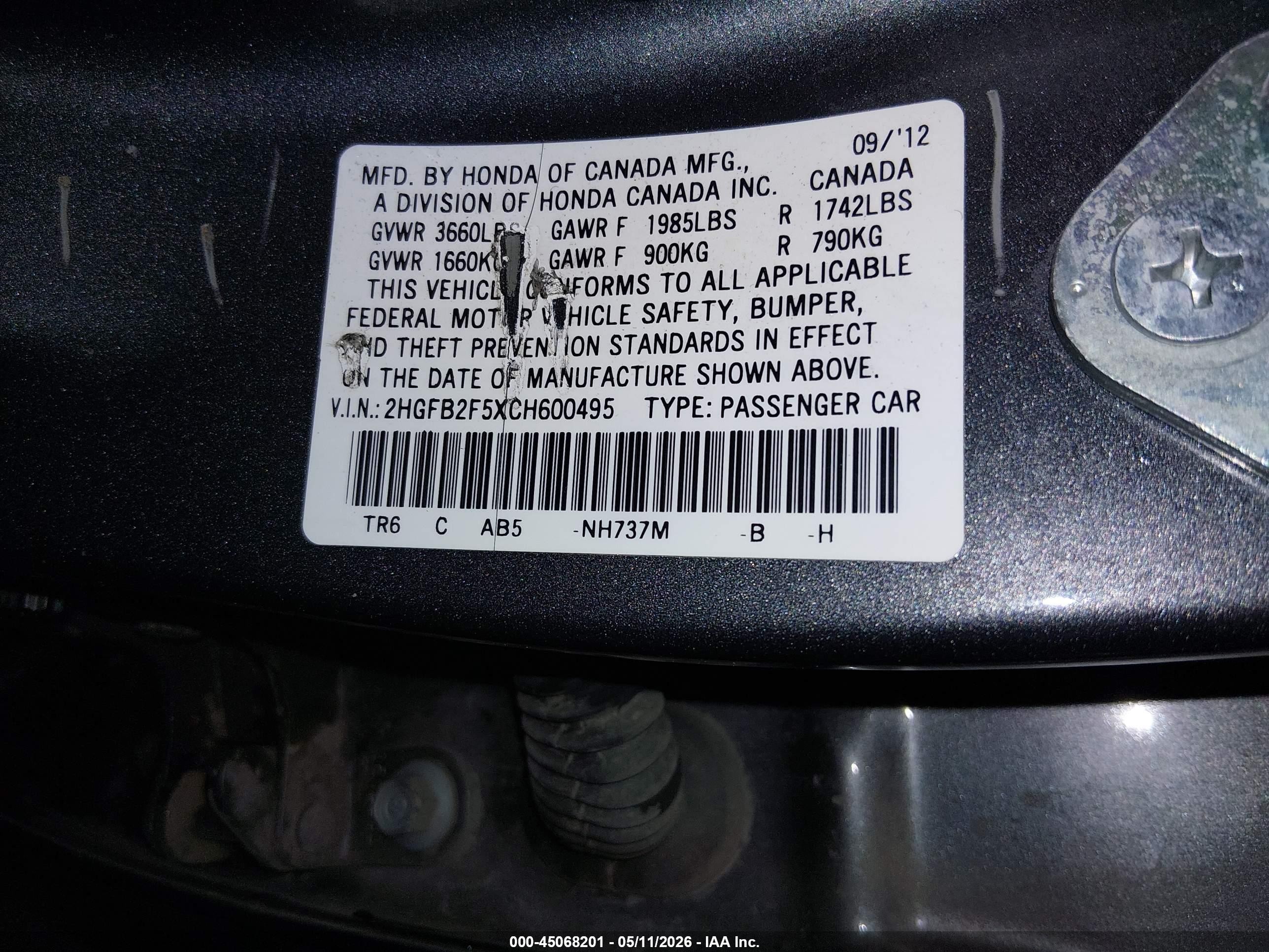 2012 Honda Civic Lx Gray vin: 2HGFB2F5XCH600495