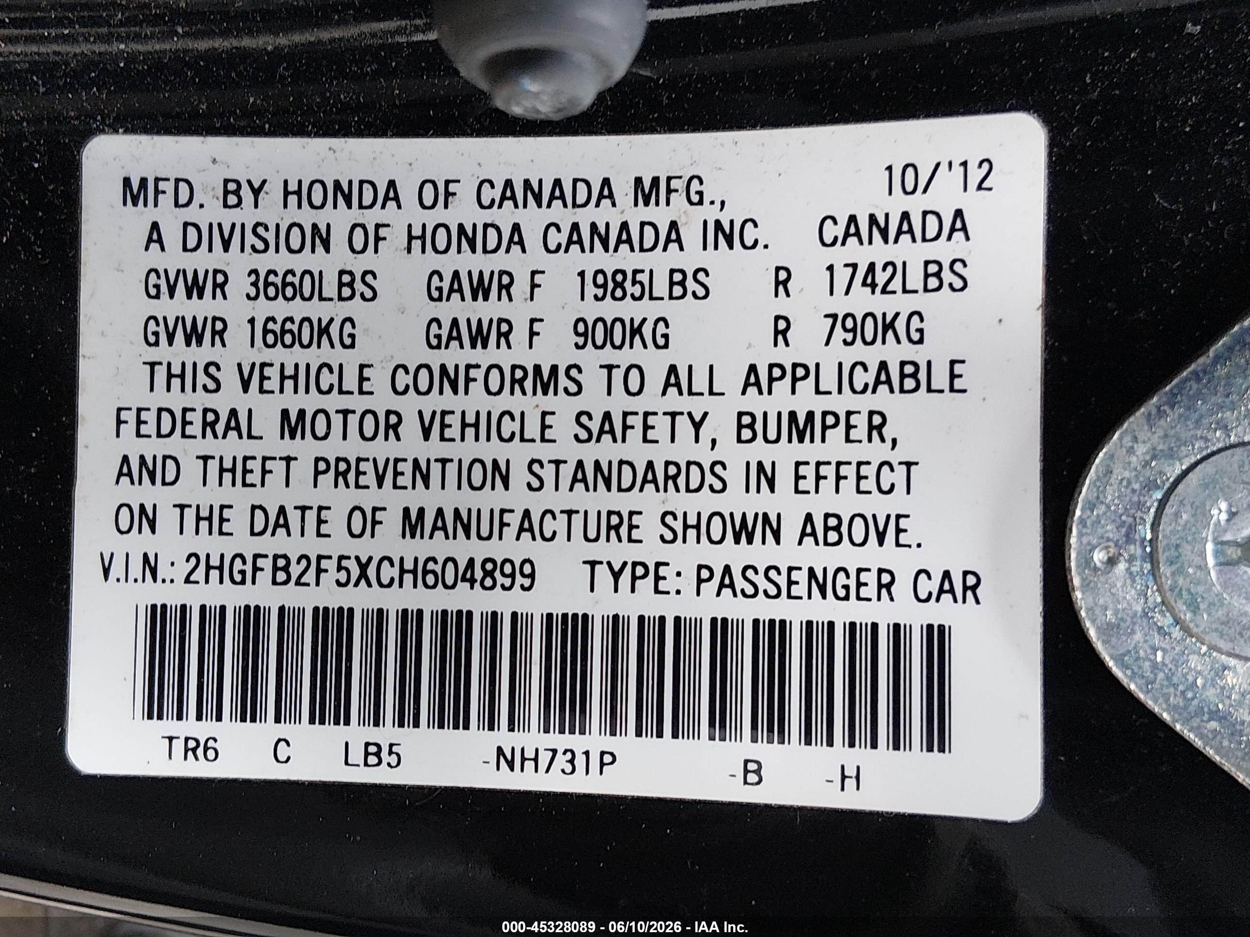 2012 Honda Civic Lx Black vin: 2HGFB2F5XCH604899