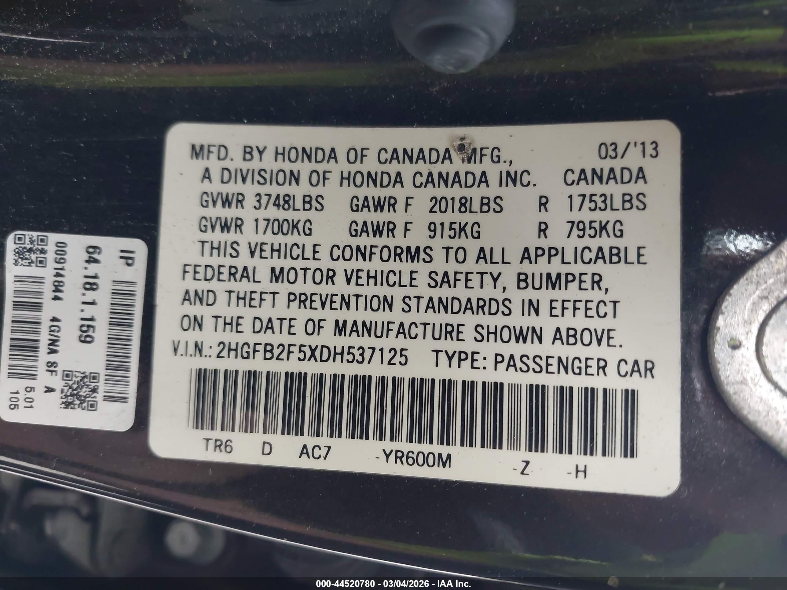 2013 Honda Civic Lx Черный vin: 2HGFB2F5XDH537125