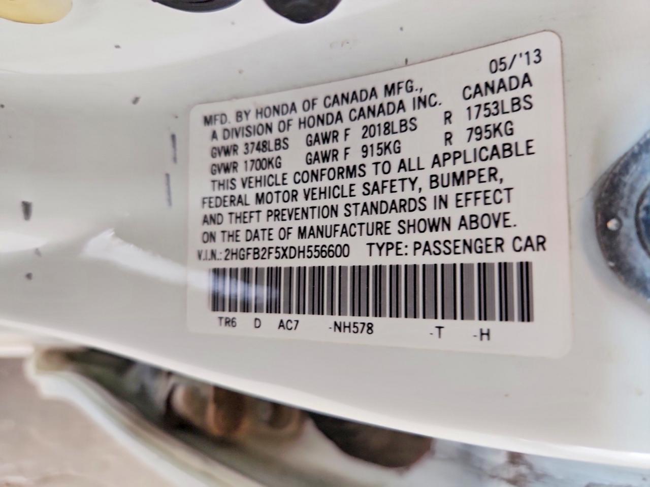 2013 Honda Civic Lx White vin: 2HGFB2F5XDH556600