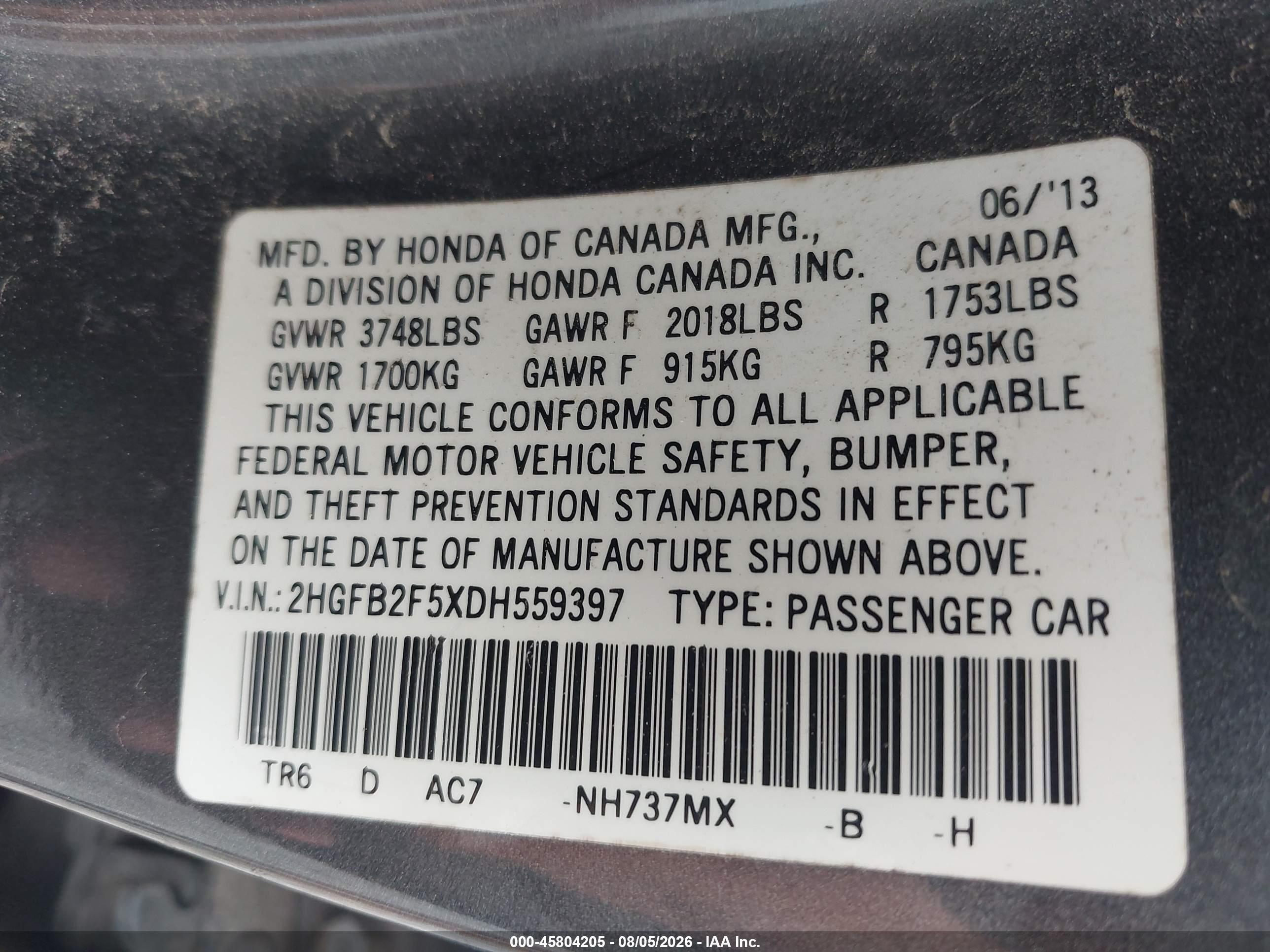 2013 Honda Civic Lx Gray vin: 2HGFB2F5XDH559397
