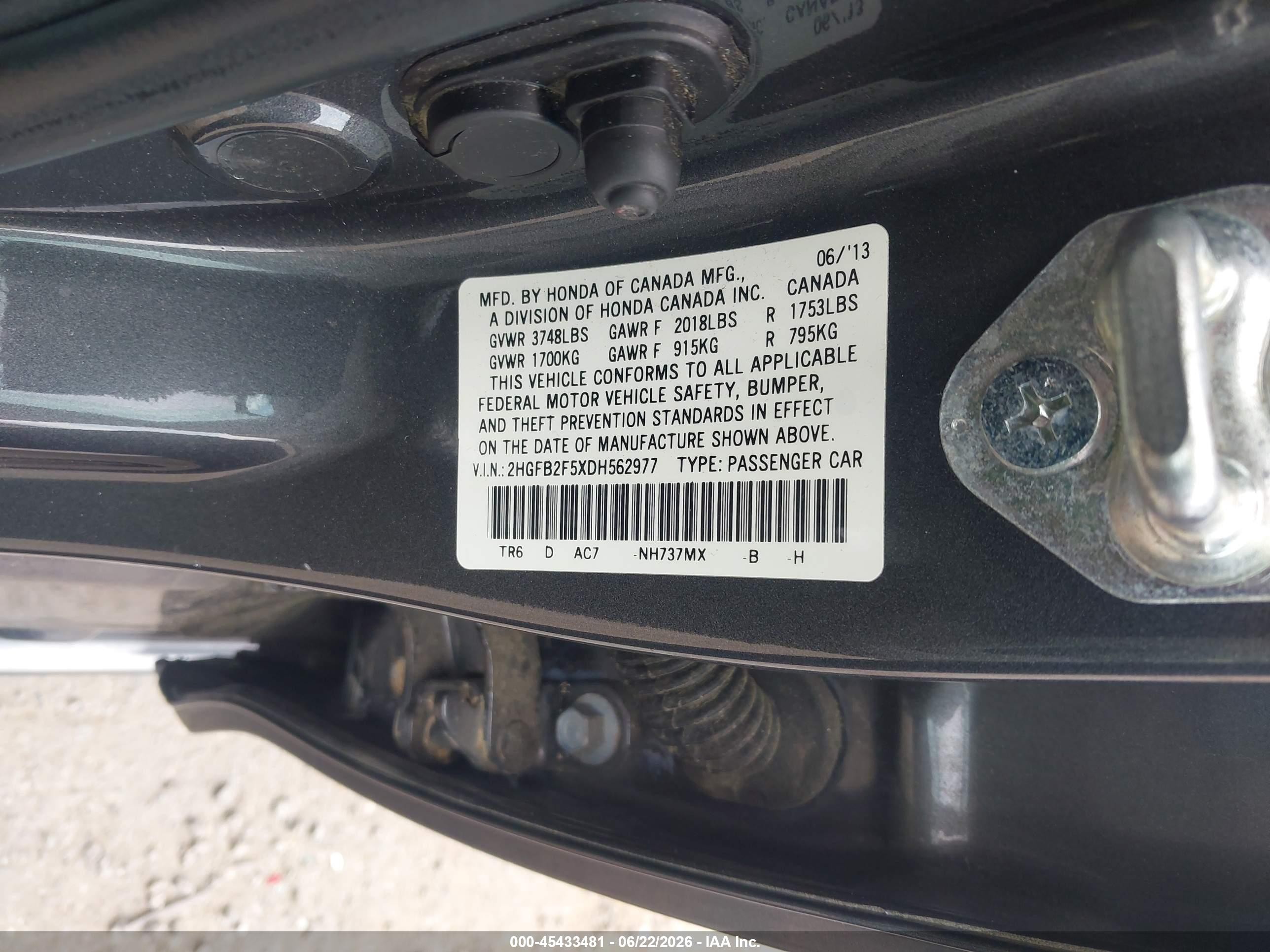 2013 Honda Civic Lx Gray vin: 2HGFB2F5XDH562977