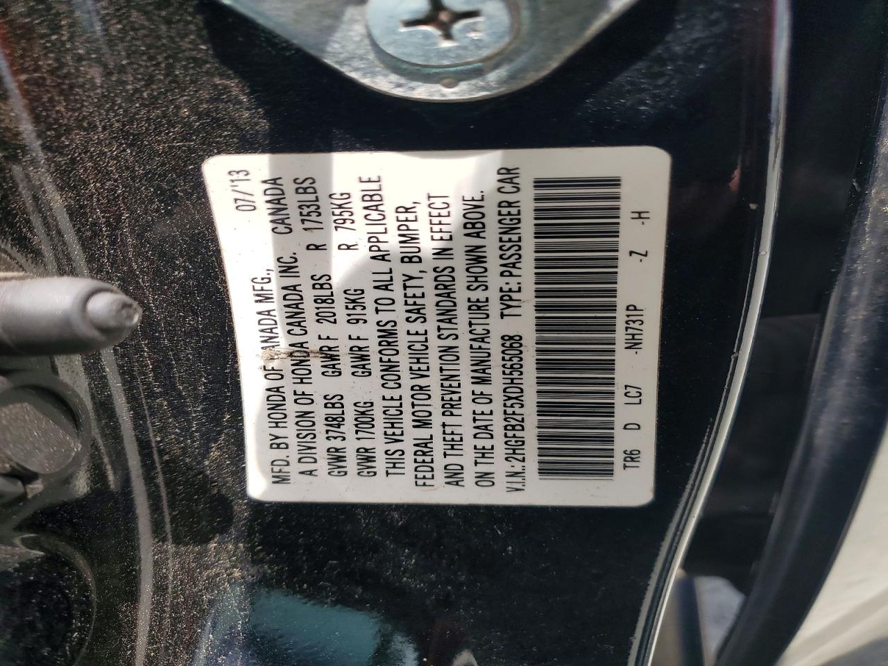 2013 Honda Civic Lx Черный vin: 2HGFB2F5XDH565068