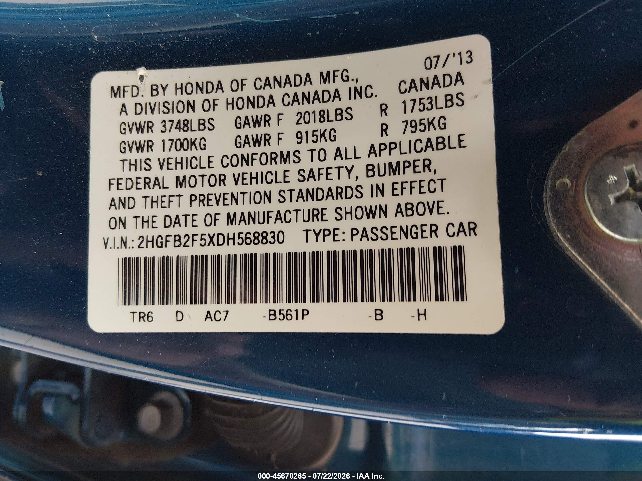 2013 Honda Civic Lx Синий vin: 2HGFB2F5XDH568830