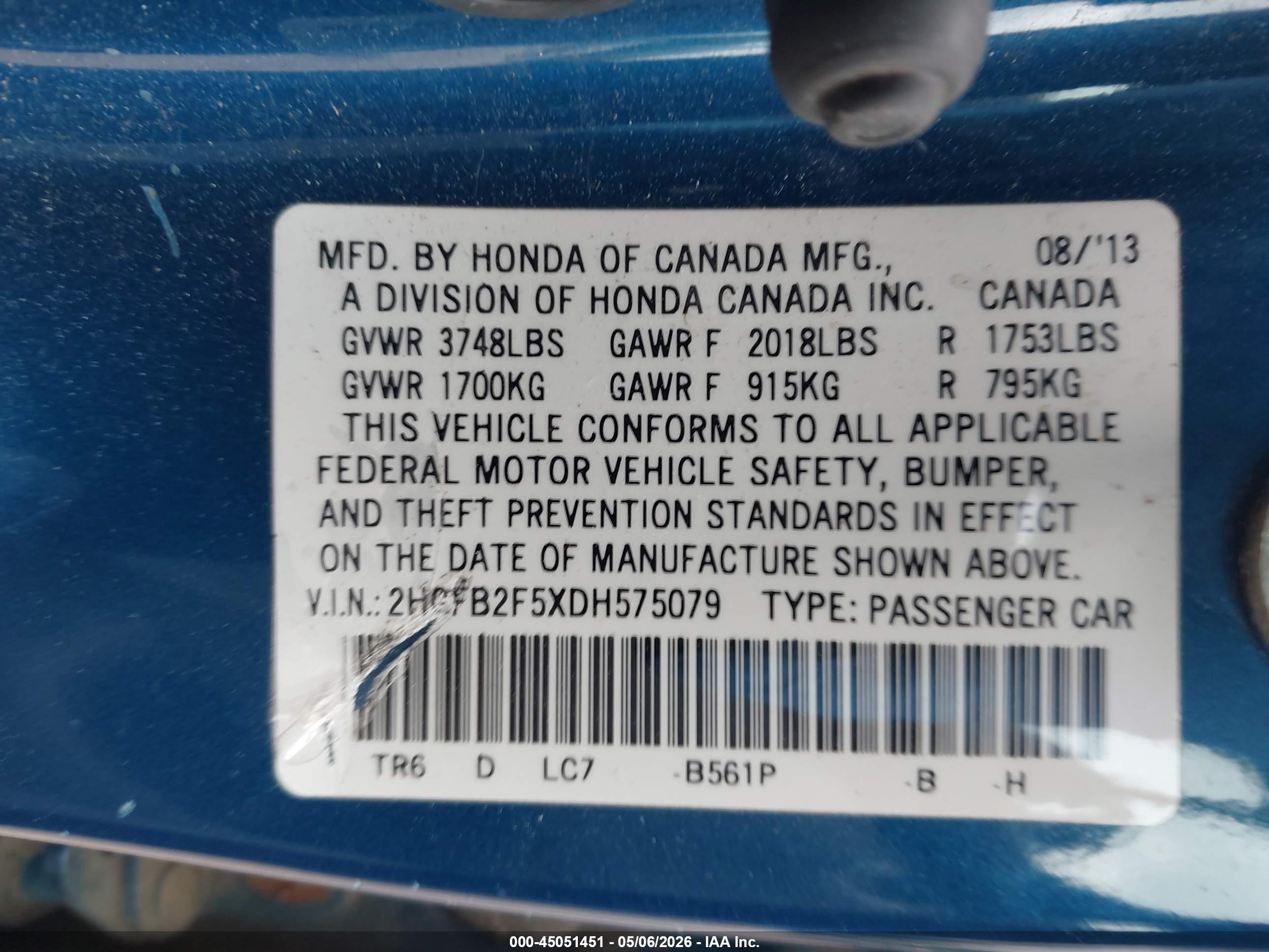 2013 Honda Civic Lx Blue vin: 2HGFB2F5XDH575079