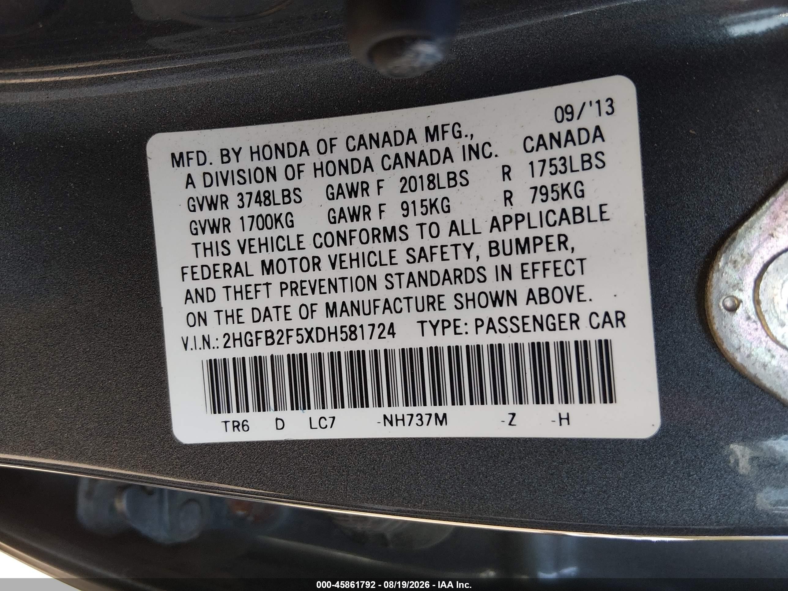 2013 Honda Civic Lx Gray vin: 2HGFB2F5XDH581724